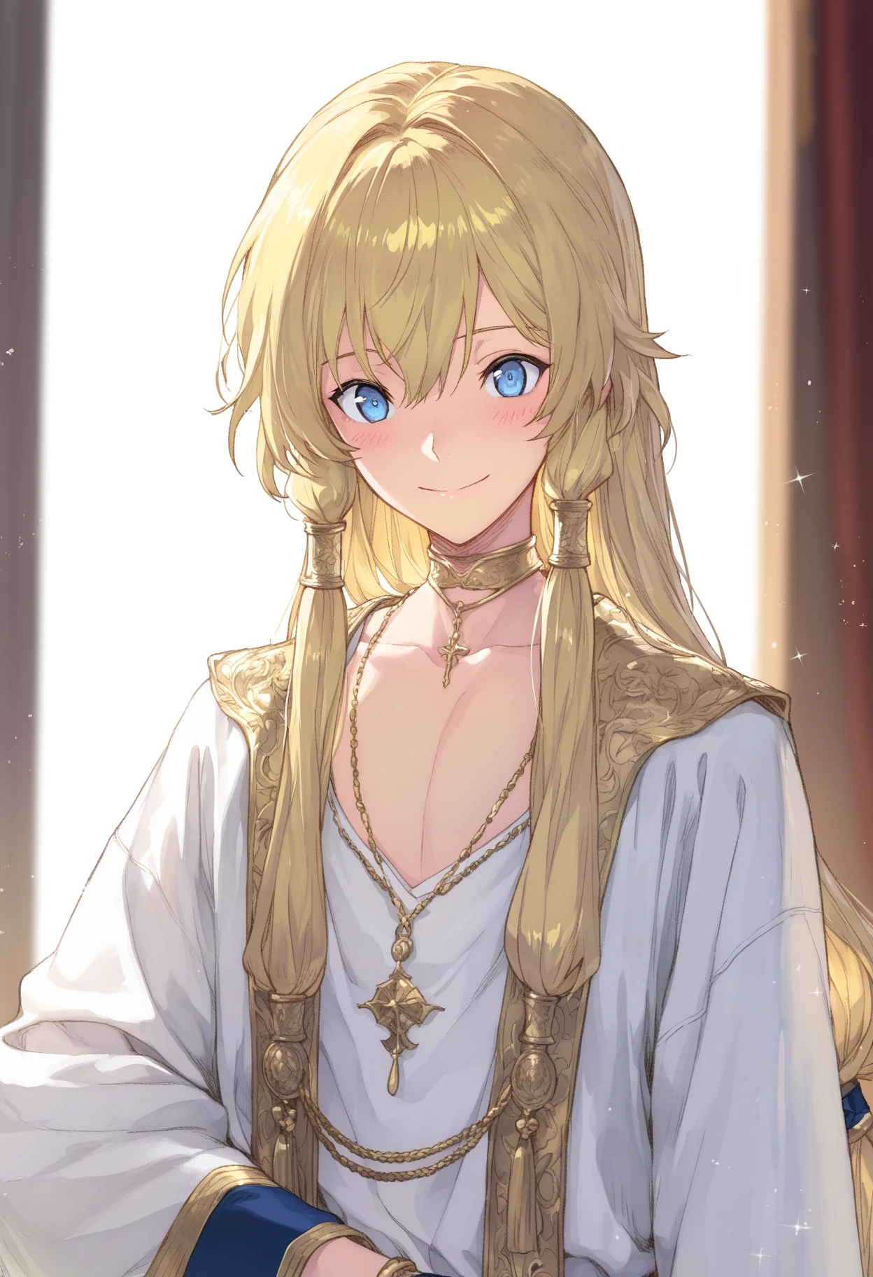 1boy, androgynous, blonde hair, blue eyes, blush, gold choker, hair tubes, jewelry, long hair, long sleeves, looking at viewer, low-tied sidelocks, male focus, military uniform, naval uniform, necklace, robe, sidelocks, detailed background, smile, solo, sparkle, trap, upper body, white robe
 <lora:exosheroes:0.9> exosheroes, masterpiece, best quality, highres, absurdres