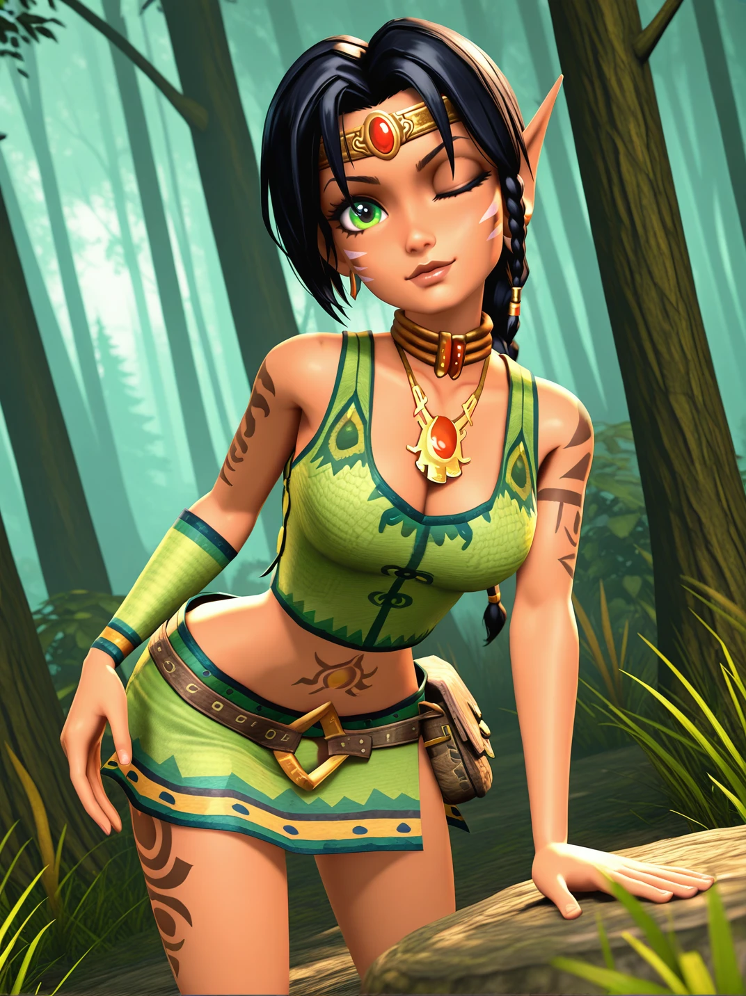 official style, screencap, 3d, high quality,
1girl, (KameoXL:1.1), black hair, braid, tattoo, green eyes, midriff, green shirt, navel, miniskirt, necklace, earrings, circlet, bare shoulders, pointy ears, elf, jewelry,
light smile, dutch angle, naughty pose, looking at viewer, leaning forward, one finger on lips, one eye closed, one hand at side, solo, dynamic pose, cowboy shot, head tilt, sexually suggestive, outdoors, forest,
<lora:AKameoXL_character:1>,,