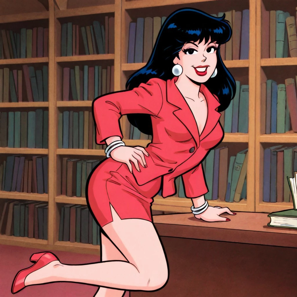 retro artstyle, 1980s (style), perfect anatomy, perfect eyes, sultry eyes, naughty face, ((looking at viewer)),
showing off body, teasing viewer, naughty pose, hand on hip, modeling pose, arched back, indoors, library, Veronica, 1girl, solo, black hair, long hair, black eyes, medium breasts, lipstick, red lips, makeup, jewelry, earrings, skirt, red skirt, pencil skirt, bracelet, formal, jacket, red jacket, long sleeves, red footwear,