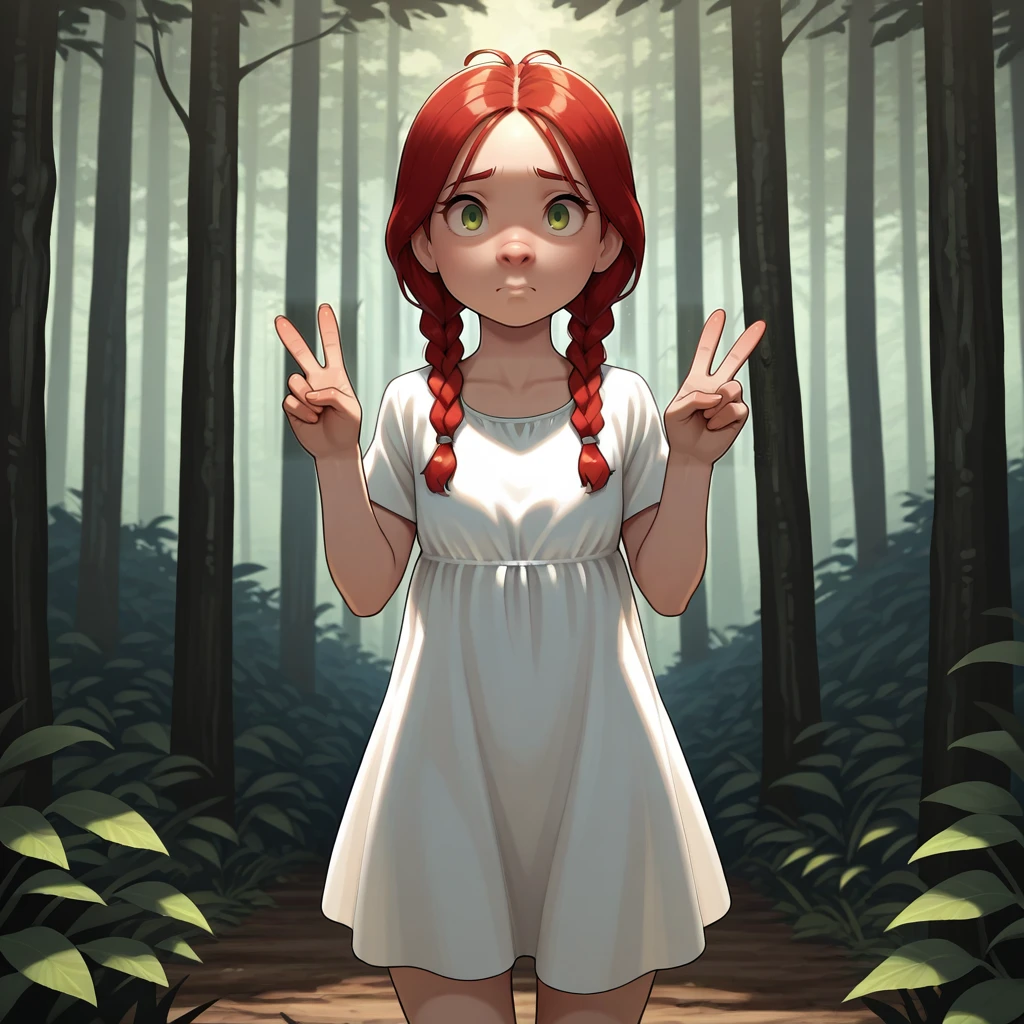 masterpiece, best quality, snubnose, upturned nose, 1girl, solo, red hair, twin braids, green eyes, white dress, cowboy shot, double v, <lora:SnubNose_illustrious_Leaf3:1>, looking at viewer, forest,
