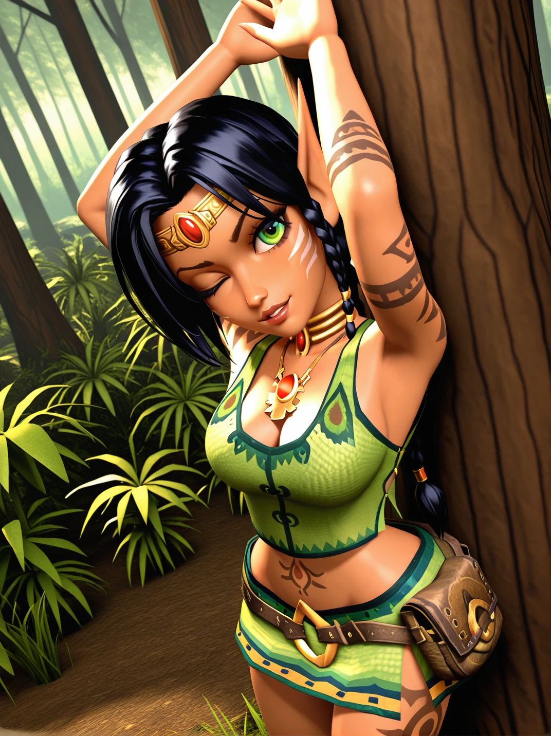 official style, screencap, 3d, high quality,
1girl, (KameoXL:1.1), black hair, braid, tattoo, green eyes, midriff, green shirt, navel, miniskirt, necklace, earrings, circlet, bare shoulders, pointy ears, elf, jewelry,
light smile, dutch angle, dynamic angle, naughty pose, looking at viewer, outdoors, arms up, armpits, sexy pose, solo, dynamic pose, cowboy shot, head tilt, parted lips, one eye closed, naughty face, from above, against tree, outdoors, forest,
 <lora:AKameoXL_character:1>,,