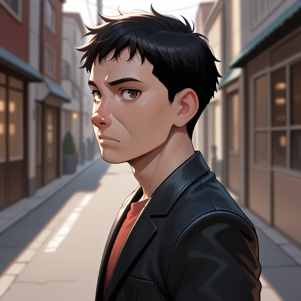 masterpiece, best quality, snubnose, upturned nose, 1boy, solo, black hair, brown eyes, red shirt, black jacket, <lora:SnubNose_illustrious_Leaf3:0.8>, looking at viewer, depth of field, street,  from side,