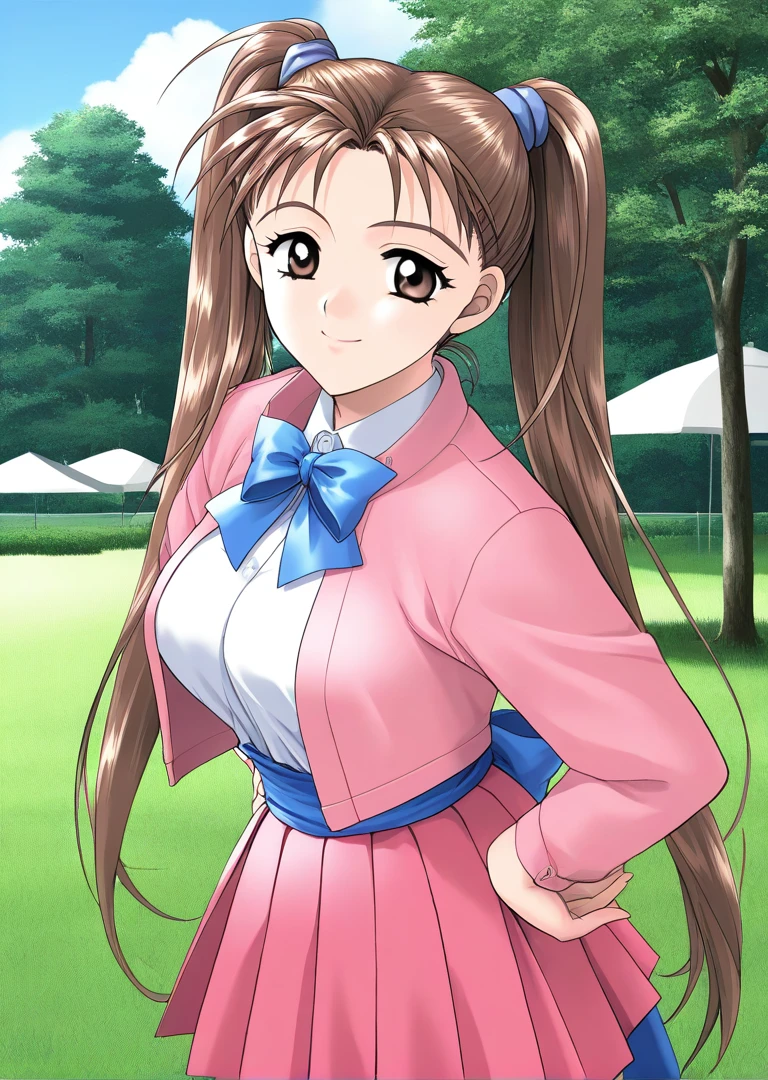 masterpiece, best quality, good quality, <lora:Kanou_Ryouko_kakyuusei_Ver2.0_IS:1>
Kanou_Ryouko(kakyuusei), 1girl, solo, very long hair, twintails, brown hair, brown eyes, large breasts,
pink jacket, pleated skirt, blue bowtie, open jacket, blue sash, pink skirt,
standing girl, smile, hands on own hip, day, grass, sky, tree,
