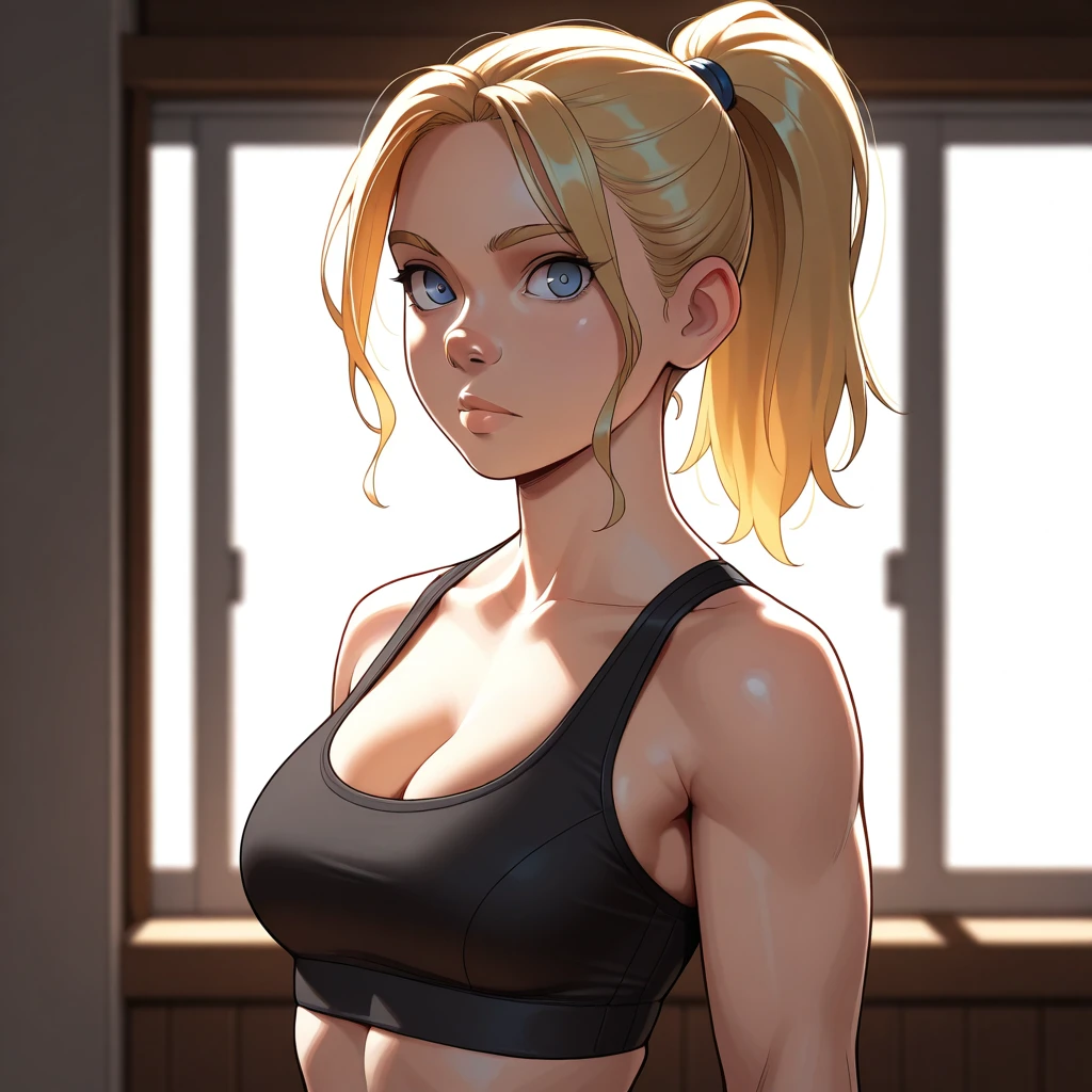 masterpiece, best quality, snubnose, 1girl, solo, blonde hair, blue eyes, high ponytail, black sports bra, upper body, <lora:SnubNose_illustrious_Leaf3:1>, looking at viewer,
