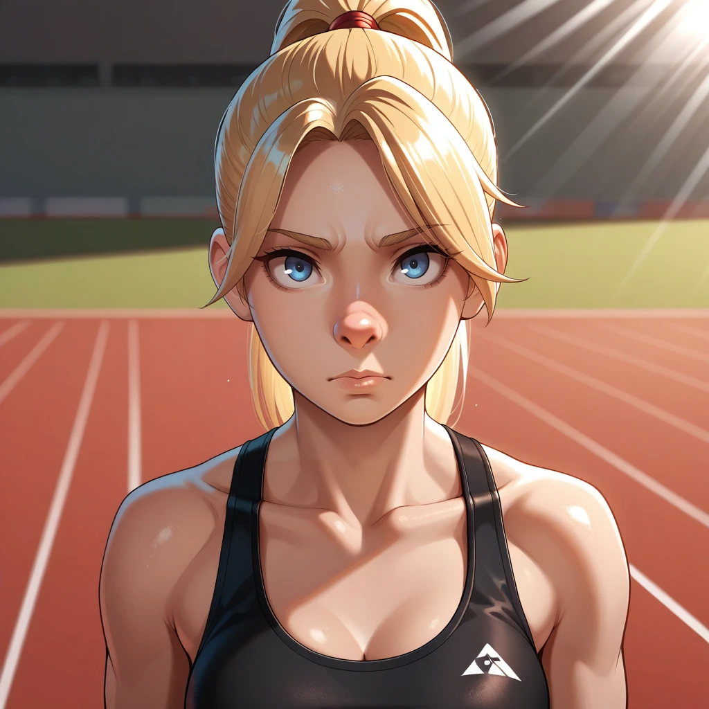 masterpiece, best quality, snubnose, upturned nose, 1girl, solo, blonde hair, blue eyes, high ponytail, black sports bra, upper body, <lora:SnubNose_illustrious_Leaf3:0.8>, looking at viewer, track and field, depth of field, light rays,