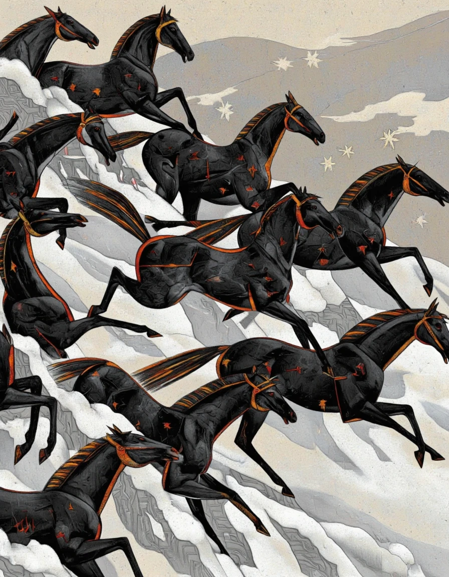 AndProso style. A digital illustration in an abstract style featuring six black horses with orange manes and tails galloping through a mountainous landscape with snowflakes and geometric patterns. the horses are arranged in a sequence, with six of them in the foreground and six in the background, all with their heads turned towards the viewer, creating a sense of movement and energy as they gallop through the landscape. the background is a mix of light and dark shades of grey and beige, with white clouds scattered throughout, and the horses' coats are outlined in black with red accents, adding a striking contrast to the otherwise monochromatic scene. the overall style is reminiscent of traditional folk art, with bold lines and geometric shapes that create a visually striking contrast between the dark horses and the light-colored background.