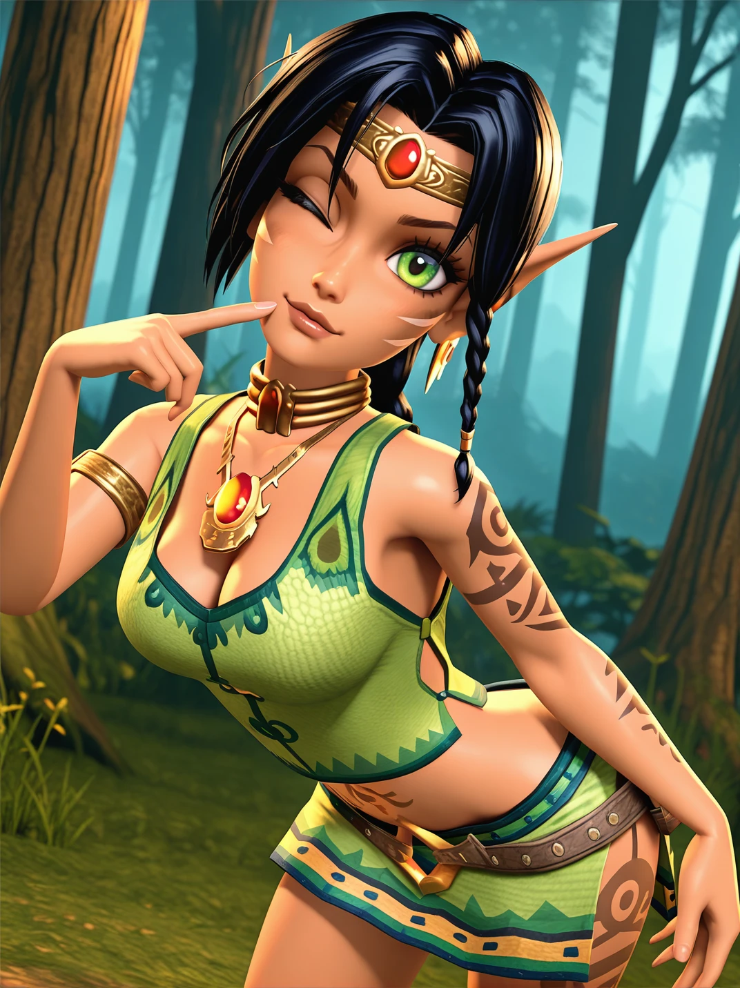 official style, screencap, 3d, high quality,
1girl, (KameoXL:1.1), black hair, braid, tattoo, green eyes, midriff, green shirt, navel, miniskirt, necklace, earrings, circlet, bare shoulders, pointy ears, elf, jewelry,
light smile, dutch angle, naughty pose, looking at viewer, leaning forward, one finger on lips, one eye closed, one hand at side, solo, dynamic pose, cowboy shot, head tilt, sexually suggestive, outdoors, forest,
 <lora:AKameoXL_character:1>,,