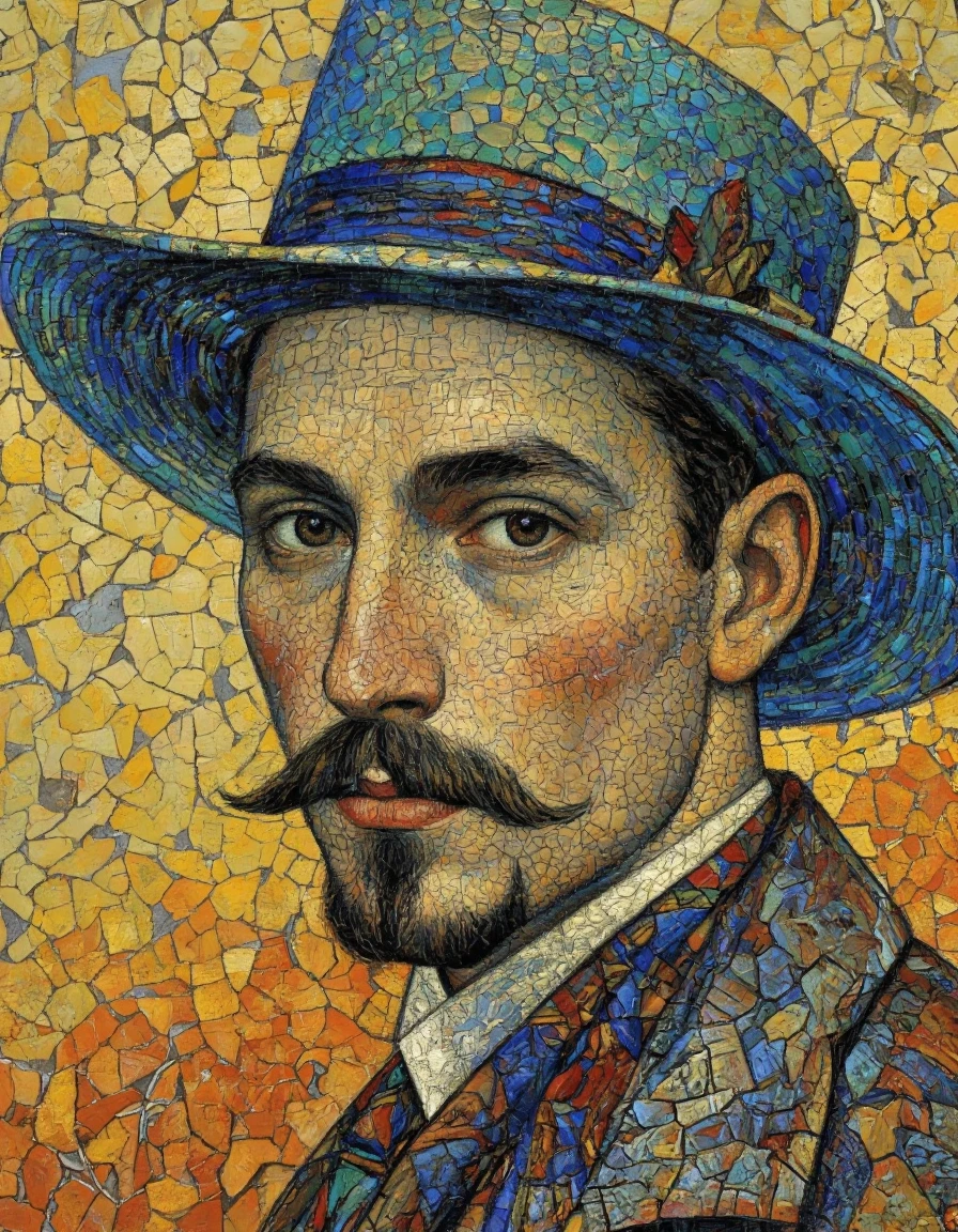 AndProso style. A portrait of a man with a mustache and a blue hat, painted in a realistic style with a mosaic-like texture. the man is depicted in the middle of the image, facing the viewer with a neutral expression, and his eyes are looking directly at the viewer. he is wearing a blue and turquoise hat with a wide brim and a black mustache. his facial features are painted with a combination of cream and brown tones, giving him a distinguished look. the background is composed of yellow and orange hues, with cracks and crevices that create a textured surface, giving the impression of a mosaic effect. the colors blend together to create a sense of depth and dimensionality, with the man's facial features being the main focus of the painting. he appears to be in his late twenties or early thirties, with a slight stubble on his chin and a full beard and mustache. the overall effect is one of sophistication and elegance, making the painting a timeless piece of art that will never go out of style.
