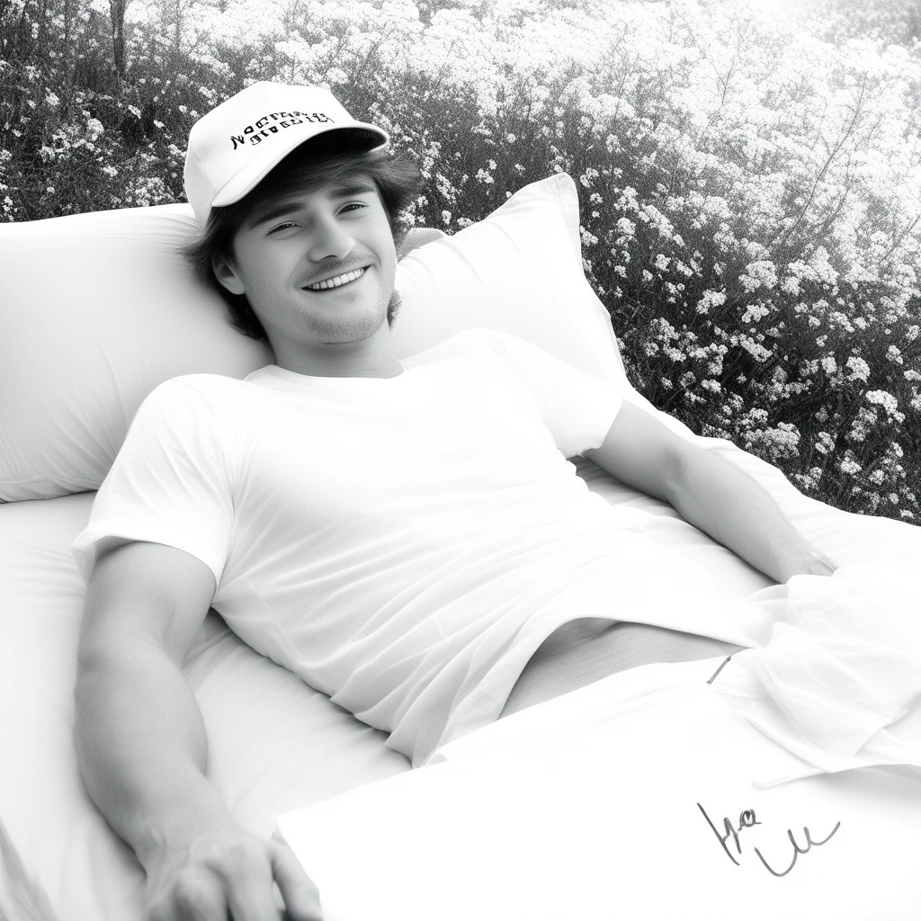 outdoors, watch, flower, white shirt, erection, smile, pen, bed, hat, monochrome