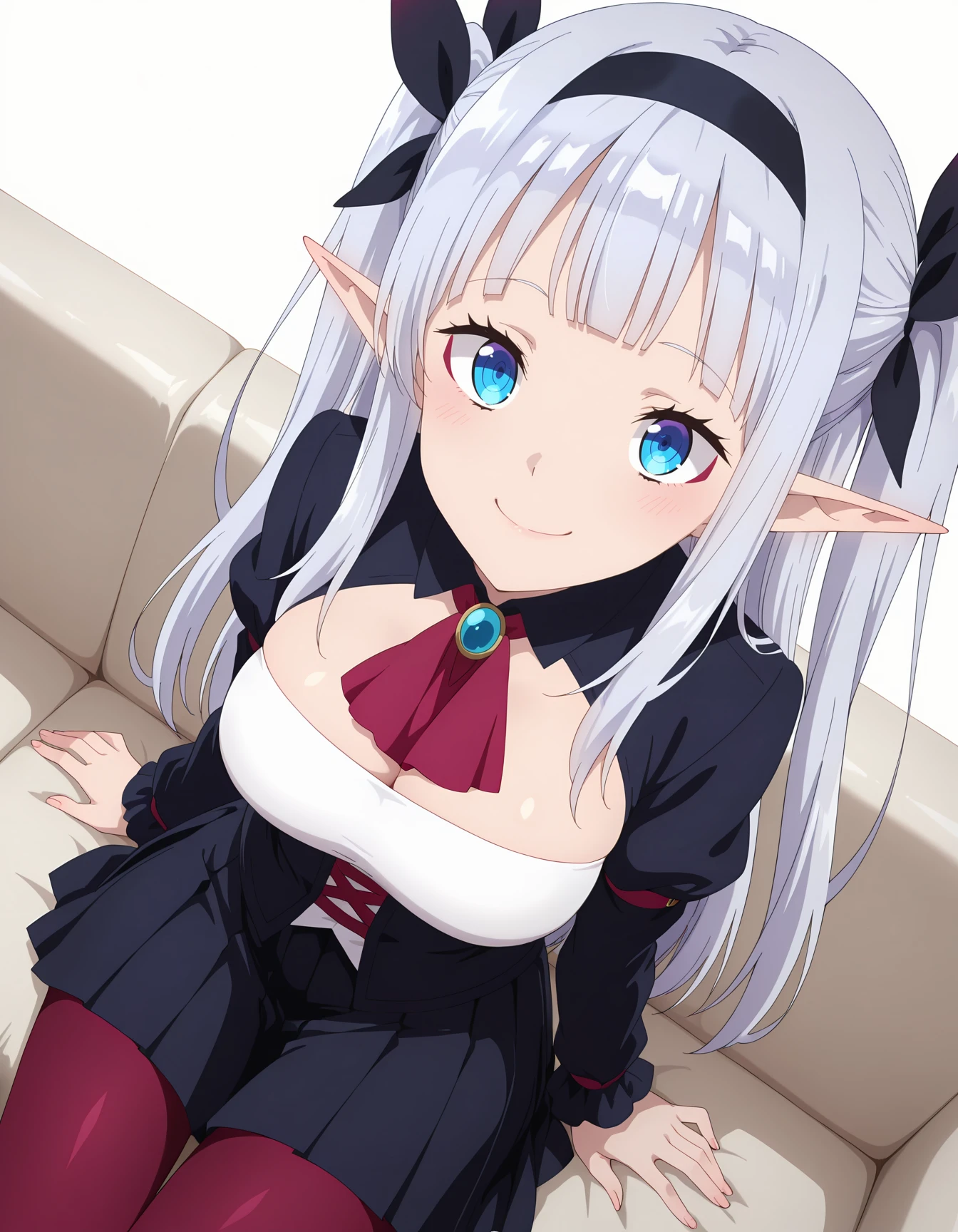 highres,very detailed,amazing quality,masterpiece,very aesthetic,anime screencap,
1girl,smile,solo,looking at viewer,dutch angle,foreshortening,sitting sofa,cowboy shot,from above,(simple background,white background:1.2),
<lora:FLIAW_Rurushi Ru 1:0.9>
blue eyes,red eyeshadow,blunt bangs,silver hair,long hair,straight hair,side ponytails,black hairband,black hairbows,pointy ears,
black shirt,black corset,white tube top,red ascot,blue broach,black pleated skirt,red pantyhose,
block heels,