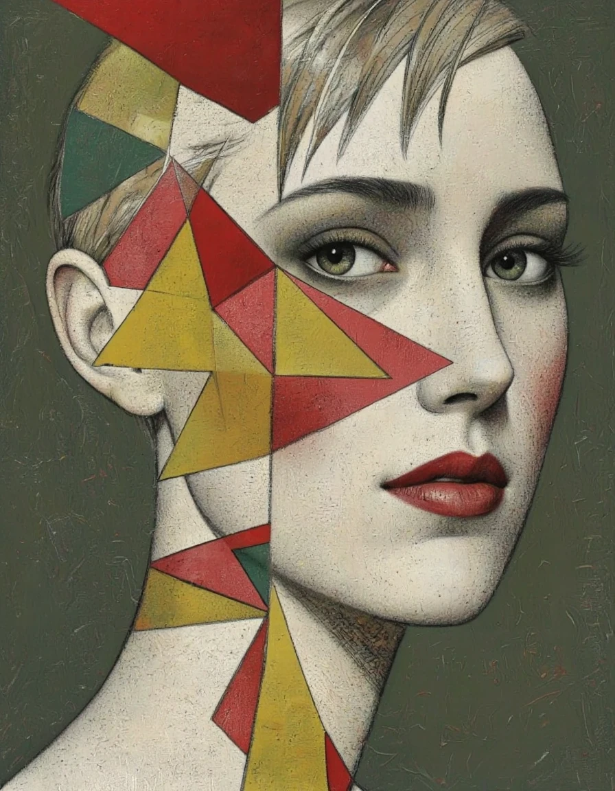 AndProso style. A digital illustration shoot from a profile camera angle about a stylized portrait of a woman with geometric shapes overlaid on her face. the image also shows abstract geometric shapes in various colors such as red, yellow, green, and beige, creating a visually striking composition. on the left side of the image, a woman appears to be in her mid-twenties, with short, straight hair and a neutral expression. she is facing the viewer, with her eyes looking directly at the viewer. her hair is styled in a short, neat manner, and her face is composed of overlapping triangles in various shades of yellow, red, and green. her lips are painted a deep red, adding a pop of color to the otherwise monochromatic image. the background is a solid dark green, providing a subtle contrast to the vibrant colors of the geometric shapes. the overall effect is a striking and captivating piece of art that is sure to captivate viewers.