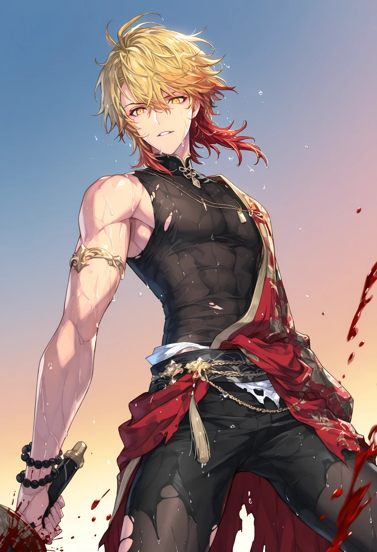 1boy, armlet, black pantyhose, black shirt, blonde hair, blood, blood splatter, gradient sky, hadanugi dousa, jewelry, male focus, medium hair, multicolored hair, official alternate costume, pantyhose, red hair, shirt, sky, sleeveless, sleeveless shirt, solo, torn clothes, torn shirt, wet, wet clothes, wet hair, yellow eyes, dynamic pose
 <lora:exosheroes:1> exosheroes, masterpiece, best quality, highres, absurdres