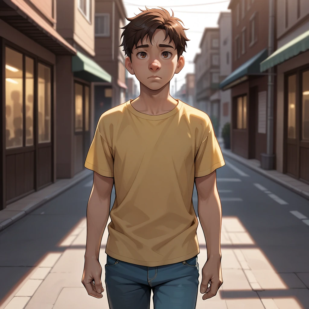 masterpiece, best quality, snubnose, upturned nose, 1boy, solo, brown hair, brown eyes, yellow shirt, blue pants, cowboy shot, <lora:SnubNose_illustrious_Leaf3:0.8>, looking at viewer, depth of field, street,
