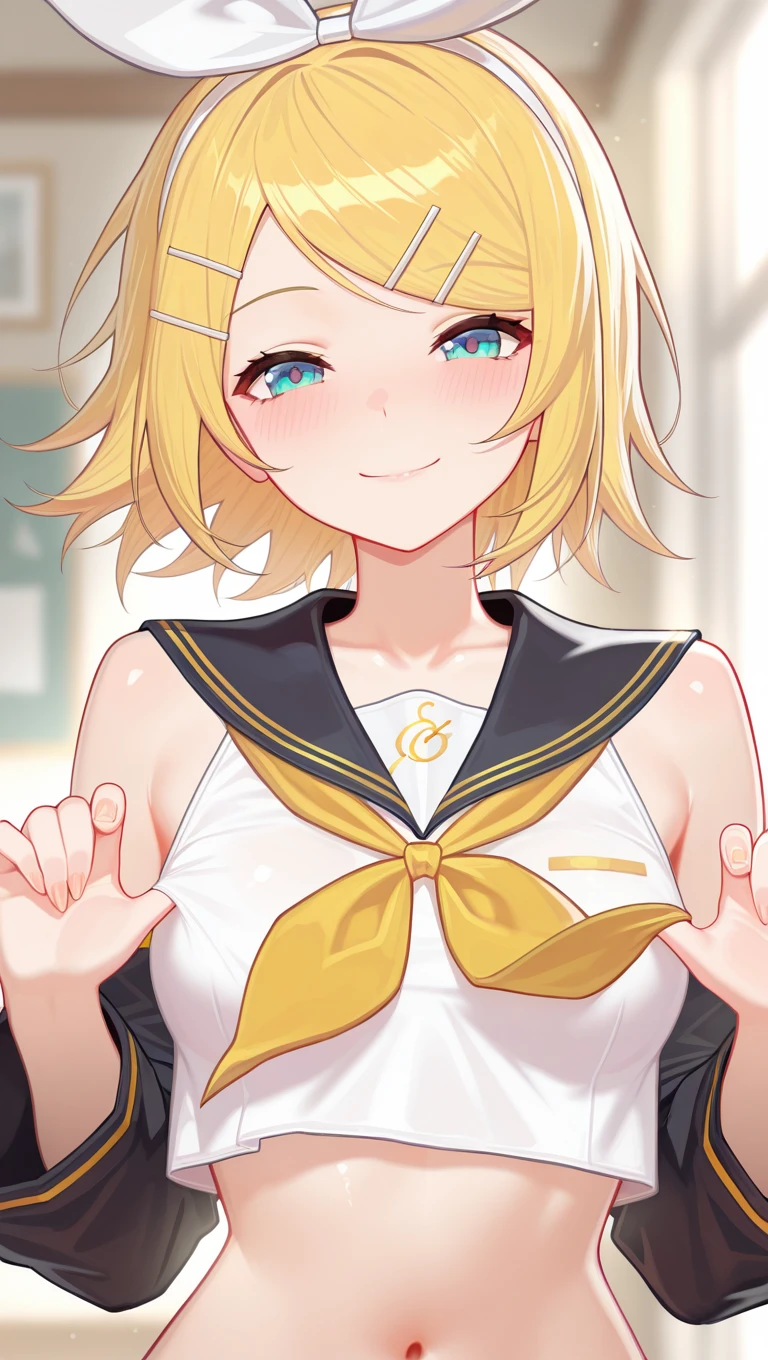 (masterpiece),best quality,amazing quality,very aesthetic,absurdres,newest,perfect body,shiny skin,perfect eyes,detail1eye,well-defined fingers,well-defined fingernails,anime style,indoors,1girl,solo,upper body,(portrait:1.5),looking at viewer,facing viewer,smile,blush,Yun Kaiming style,kagamine rin,short hair,blonde hair,floating hair,white hairband,hair bow,white bow,hairclip,swept bangs,blue eyes,collarbone,bare shoulders,black sailor collar,white shirt,sleeveless shirt,crop top,midriff,yellow neckerchief,black sleeves,detached sleeves,medium breasts,navel,stomach,<lora:Kagamine Rin(voc)-Illus-Remake:1.6>,<lora:Yun Kaiming[style]-Illus:2>,