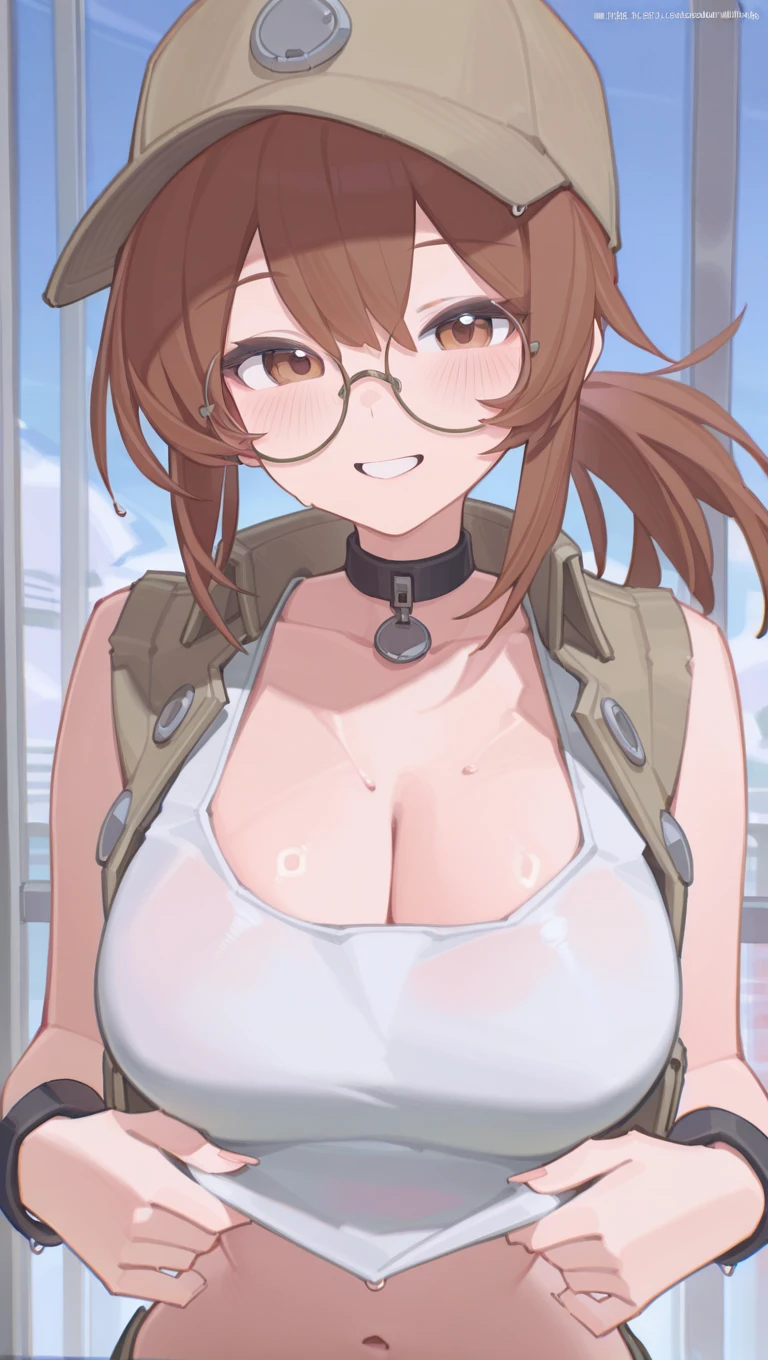 (masterpiece),best quality,amazing quality,very aesthetic,absurdres,newest,perfect body,shiny skin,perfect eyes,detail1eye,well-defined fingers,well-defined fingernails,anime style,indoors,1girl,solo,upper body,(portrait:1.5),looking at viewer,facing viewer,smile,blush,Bilibili Xiaolu style,Fio Germi,baseball cap,brown headwear,beige hat,long hair,brown hair,ponytail,sidelocks,bangs,brown eyes,round eyewear,collarbone,cleavage,crop top,midriff,beige vest,tank top,large breasts,wristband,navel,<lora:Fio Germi(ms)-Illus:1.8>,<lora:Bilibili Xiaolu[style]-Illus:2>,
