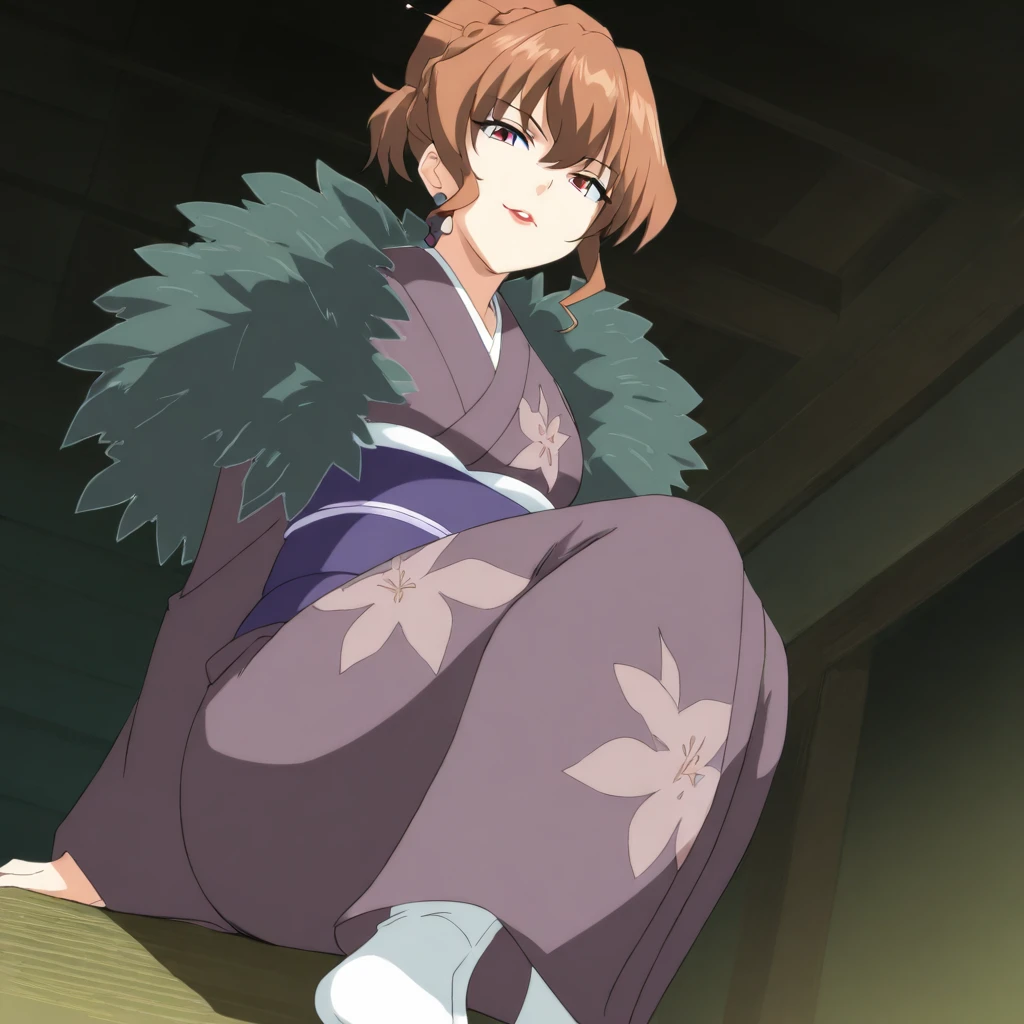 masterpiece,high score,great score,absurdres,anime coloring,looking at viewer,solo,<lora:RanIchihashi ag4o:1> ranichihashi, brown hair, hair bun, red eyes, lipstick,kimono,tabi,