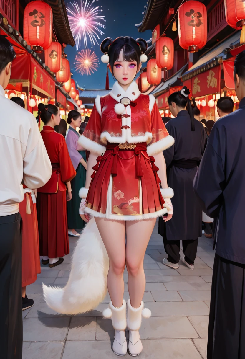 1girl,fur trim,full body,white footwear,no_hat,(skirt:1.3),(red skirt:1.3),bell,black hair,chinese clothes,capelet,double bun,fingerless gloves,fox tail,white tail,pom pom (clothes),purple eyes,
Chinese ancient New Year night market,red lanterns,(Hanfu crowds:1.3),crowd,vendors,firework sparks,festive couplets,standing,curvy,oval face,makeup,fundoshi,long_eyelashes,flustered,tail_wagging,shy,side head,
(masterpiece:1.2),best quality,masterpiece,highres,original,extremely detailed wallpaper,perfect lighting,(extremely detailed CG:1.2),<lora:Semi-realism_illustrious:0.8>,Semi-realism,red top,<lora:æ°¸å«æ é´è¡æ¡æ¥æ¡ç¬SDXL:0.7>,squatting,knees_together_feet_apart,