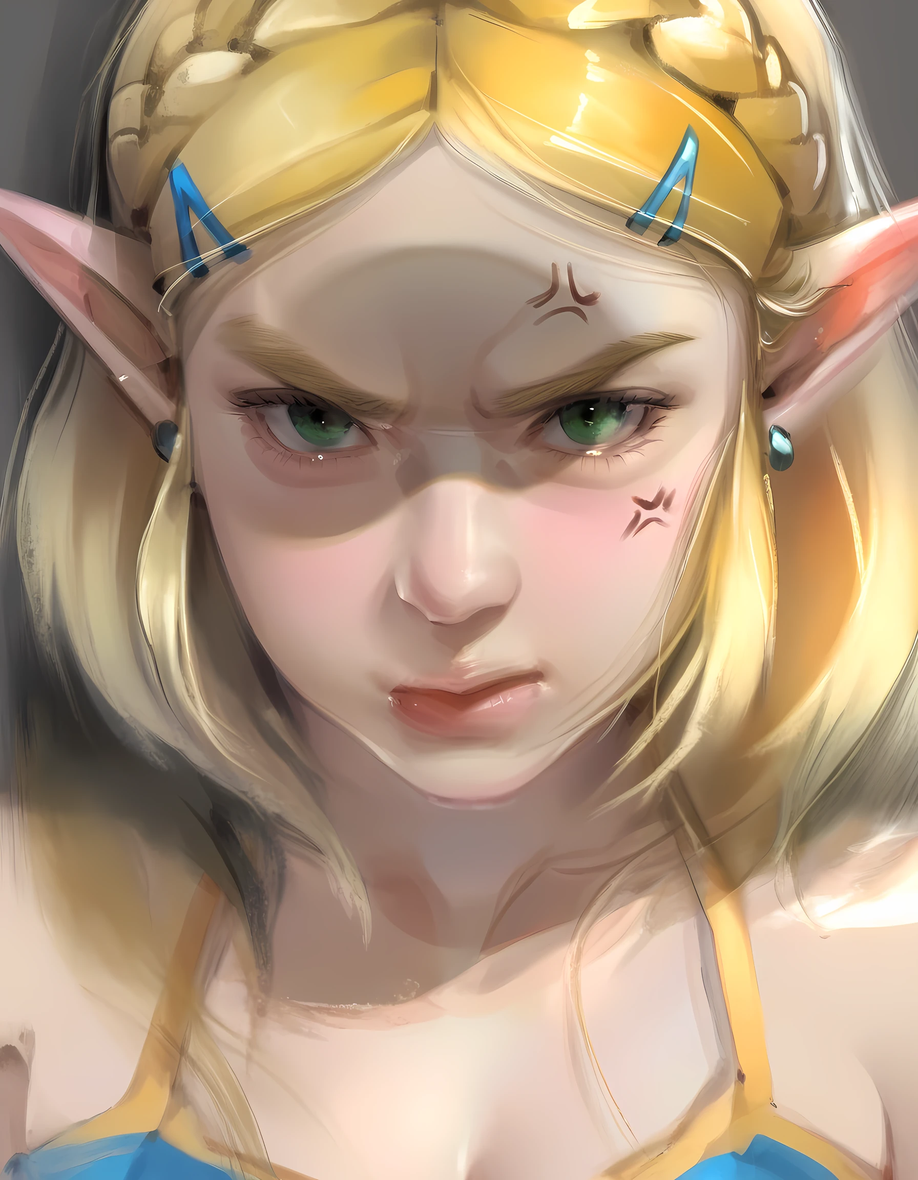 <lora:Utility_-_Detail_Enhancer_by_BSS_v2:0.75>, <lora:Utility_-_Visual_Enhancer_by_BSS:0.75>, 1girl, looking at viewer, shaded face, disgusted face, pout, pouting, serious, anger vein, angry , (masterpiece, best quality, ultra-detailed, absurdres, newest, detailed textures, correct anatomy:1), <lora:Like_Draws.Seal_Style:1.2>, tr1g3r_w0rd, (oil painting, paintly, realistic, sketch, unfinished, brushstrokes:1.3), princess zelda \(the legend of zelda\), blonde hair, pointy ears, long hair, hair ornament, jewelry, earrings, medium breasts, long hair, green eyes, hairclip, parted bangs, crown braid
