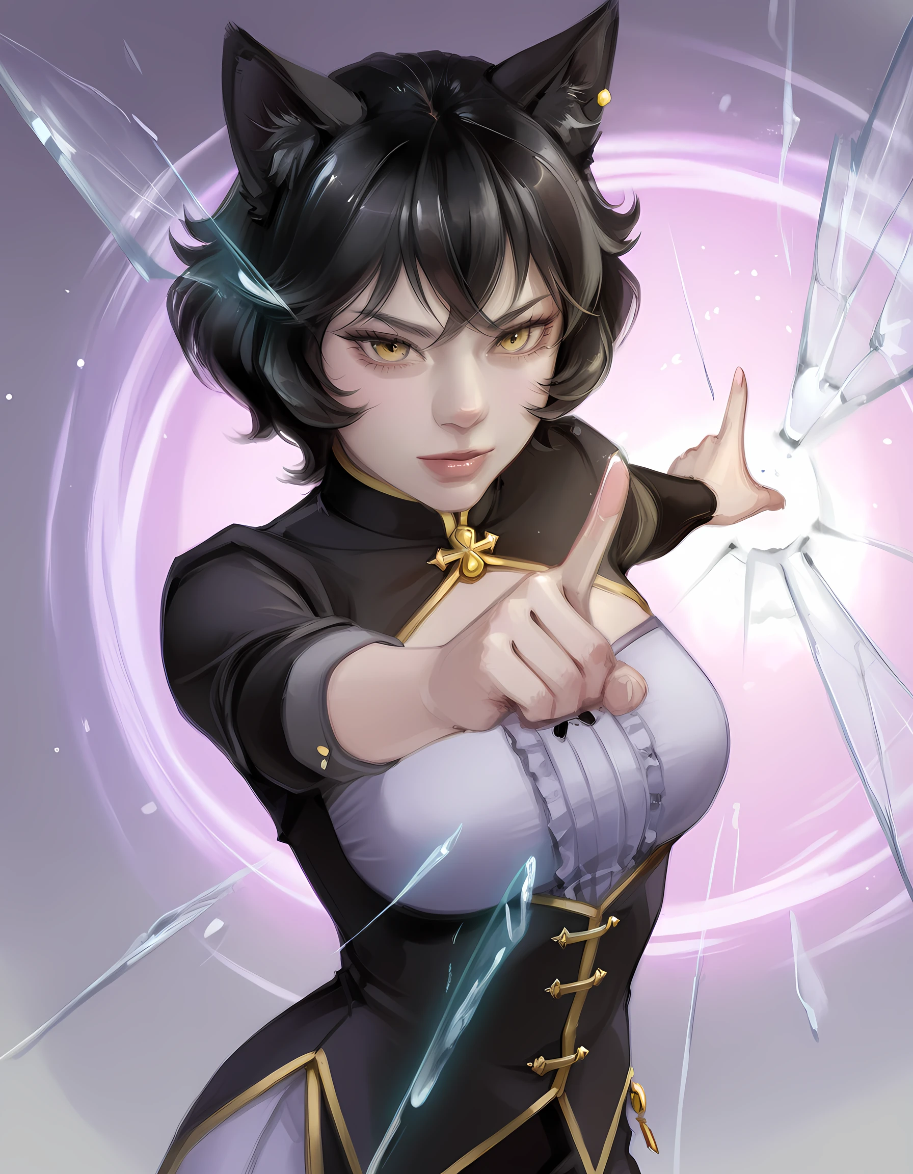 <lora:Utility_-_Detail_Enhancer_by_BSS_v2:0.75>, <lora:Utility_-_Visual_Enhancer_by_BSS:0.75>, 1girl, <lora:Shatter_magic:1>, shatter, glowing crack on air, crack on air, cracked glass, shockwave, casting spell, outstretched arm, pointing, detailed_hands, elegant_fingers , (masterpiece, best quality, ultra-detailed, absurdres, newest, detailed textures, correct anatomy:1), <lora:Like_Draws.Seal_Style:1>, tr1g3r_w0rd, (oil painting, paintly, realistic, sketch, unfinished, brushstrokes:1.3), kali belladonna \(rwby\), black hair, yellow eyes, mature female, cat ears, animal ear fluff, large breasts, wrinkles