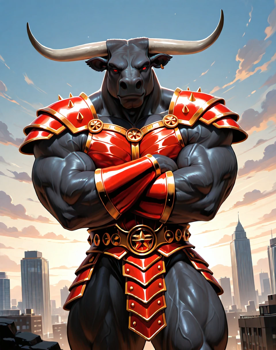 BREAK: very awe, aesthetically pleasing, masterpiece, best quality, absurd details, in'ei, source_furry, furry_art, high contrast, natural shading,
<lora:Minotaur_DCUO_(Marvel_Comics)_(Illustrious)_(AD):1> Minotaur DCUO, muscular, minotaur,
exterior, simple anime background, city, Metropolis from DC Comics, battle scene, ground level,
BREAK:
dutch angle, solo, ((dynamic action, dynamic expression, ):1.15), cowboy shot, bent leg, (( arms crossed, ):1.25),
((
overwhelmingly powerful, indomitable, no humans, male focus, intricately detailed armor, solid red eyes, smirk, (( )),
powerful sexy male physique, veiny muscles, large shoulders, large biceps, large thighs, manly, bara,
)),
BREAK: lazypos (4),
