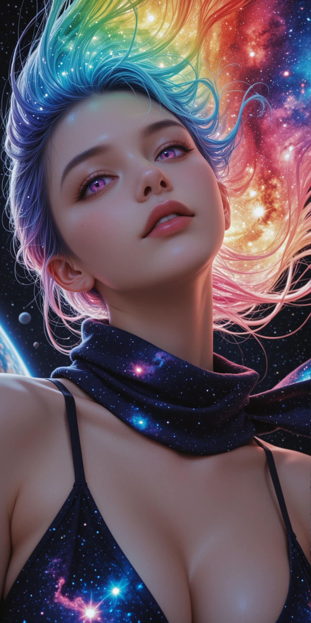 masterpiece, best quality, amazing quality, 4k, very aesthetic, high resolution, ultra-detailed, absurdres, scenery, realistic, photo, 1girl, solo, (long glowing cosmic hair:1.2), purple eyes, (looking at viewer:1.2), wondering, cleavage, gorgeous luxurious (glowing:1.3) nebulae cosmic dress, (unworn:0.8) (floating:1.2) rainbow see-through long scarf, head tilt, twisted torso, upper body, close-up, face focus, dutch angle, from below, floating hair, rim light, back light, colorful, (chaos, psychedelic, double exposure:1.3), multiple planets, fantasy galaxy, nebula, supernova, BREAK, depth of field, photorealistic details