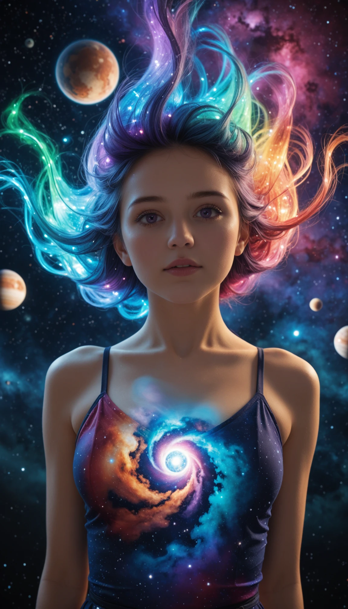 masterpiece, best quality, amazing quality, 4k, very aesthetic, high resolution, ultra-detailed, absurdres, scenery, realistic, photo, 1girl, solo, (long glowing cosmic hair:1.2), purple eyes, (looking at viewer:1.2), wondering, cleavage, (glowing:1.3) nebulae cosmic dress, head tilt, twisted torso, upper body, close-up, face focus, dutch angle, from below, floating hair, rim light, back light, colorful, (chaos, psychedelic, double exposure:1.3), multiple planets, fantasy galaxy, nebula, supernova, BREAK, depth of field, photorealistic details