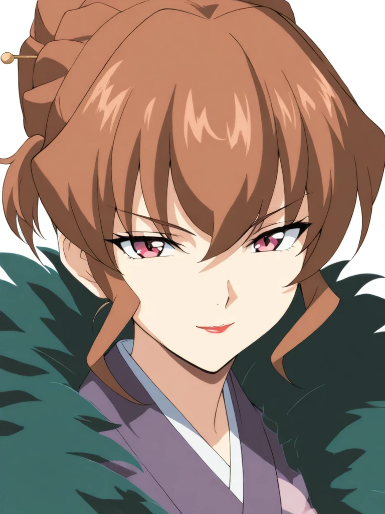 masterpiece,high score,great score,absurdres,anime coloring,looking at viewer,solo,portrait,white background,<lora:RanIchihashi ag4o:1> ranichihashi, brown hair, hair bun, red eyes, lipstick,kimono,