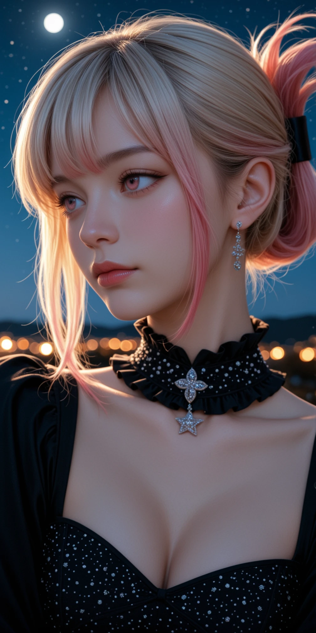 masterpiece, best quality, amazing quality, 4k, very aesthetic, high resolution, ultra-detailed, absurdres, scenery, realistic, photo, upper body photo, fashion photography of busty cute girl, gradient hair, blonde hair AND pink hair, folded ponytail, pink eyes, closed mouth, facing to the side, loking at viewer, gorgeous luxurious fantasy black dress, frilled collar, ultrahigh resolution textures, dynamic, dutch angle, upper body, portrait, close-up, bokeh, star, moon, night, moonlight passing through hair, dutch angle, perfect night, fantasy background, hard light, raw light, BREAK, depth of field, photorealistic details