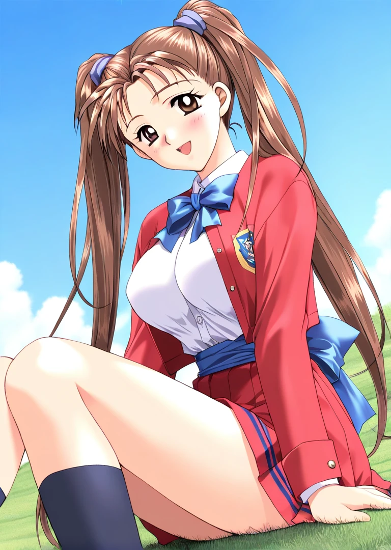 masterpiece, best quality, good quality, <lora:Kanou_Ryouko_kakyuusei_Ver2.0_IS:1>
Kanou_Ryouko(kakyuusei), 1girl, solo, very long hair, twintails, brown hair, brown eyes, large breasts,
red jacket, school uniform, red pleated skirt, blue bow,
open jacket, blue sash,
grass, sky, sitting,
open mouth, blush, smile,
