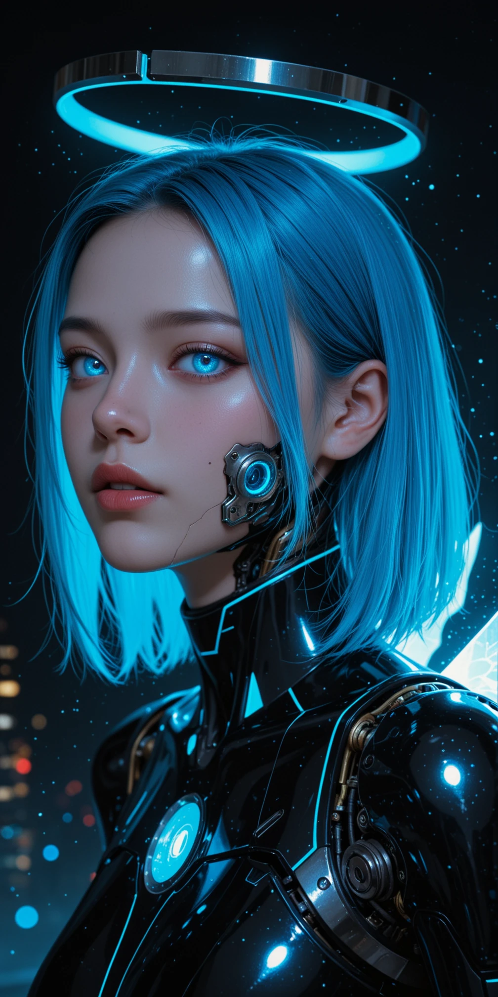 masterpiece, best quality, amazing quality, 4k, very aesthetic, high resolution, ultra-detailed, absurdres, scenery, realistic, photo, dramatic shadows, 1girl, solo, cyborg, biomechanical, (robot joints, mechanical body, metal body, mechanical limbs, mechanical arms, part lines:1.2), clothed, mechanical halo, glowing energy wings, young cyborg woman, crack on face, translucent body, (glowing blue hair:1.2), tsurime, (glowing:1.2) blue eyes, facing to the side, looking at viewer, neon, (mechanical parts, high-tech futuristic black blue cybernetic bodysuit:1.2), cables, wires, detailed full cyborg body parts, blue lights, cinematic portrait photo, portrait, face focus, dutch angle, (light particles:1.2), low cinematic lighting, dark cyberpunk background, neon, BREAK, detailed eyes, depth of field, photorealistic details