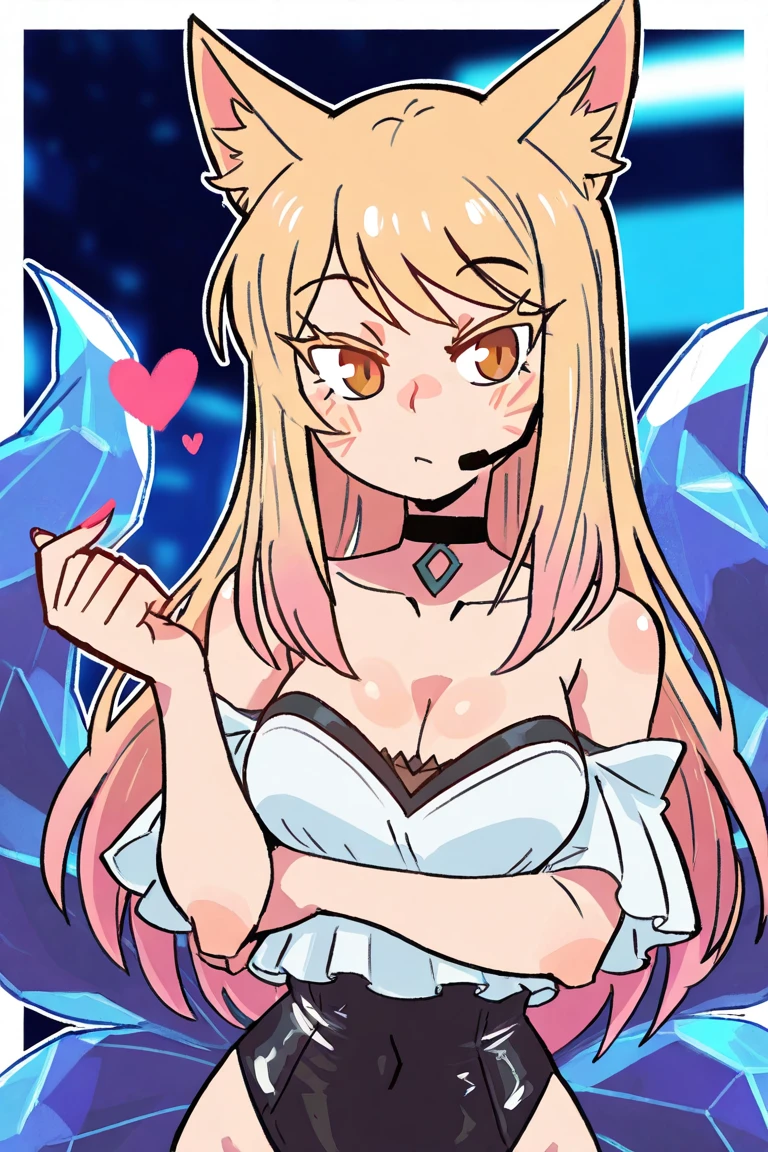 masterpiece, best quality, amazing quality, very aesthetic, absurdres, close-up, ahri, 1girl, ahri (league_of_legends), animal ears, bangs, shoulders, black choker, black leotard, blonde hair, brown eyes, choker, cleavage, collarbone, covered navel, fox ears, fox girl, fox tail, headset, heart, highres, k/da(league of legends), k/da ahri, leotard, , multiple tails, off-shoulder shirt, off shoulder, official alternate costume, pink nails, shirt, solo, tail, white shirt, , (fabulosity_style:1.3), best quality, flat color, no lineart, no outline, blurry background, depth of field, thick eyelashes, ZealST,