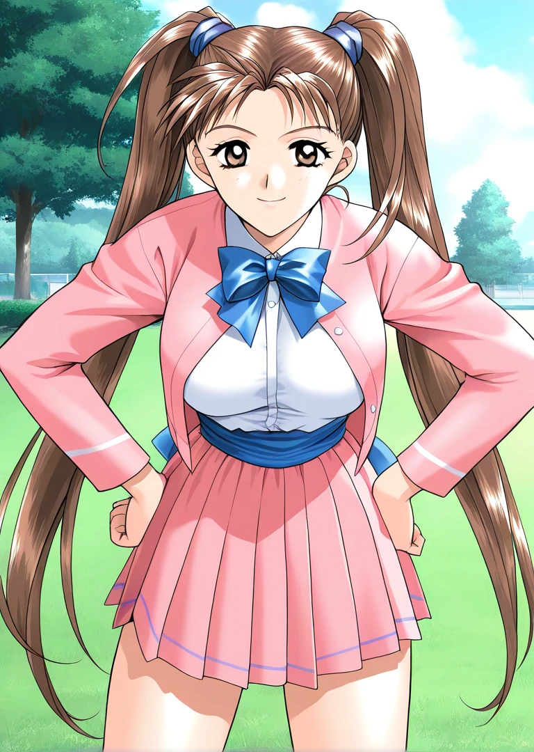masterpiece, best quality, good quality, <lora:Kanou_Ryouko_kakyuusei_Ver2.0_IS:1>
Kanou_Ryouko(kakyuusei), 1girl, solo, very long hair, twintails, brown hair, brown eyes, large breasts,
pink jacket, pleated skirt, blue bowtie, open jacket, blue sash, pink skirt, blue line,
standing girl, smile, hands on own hip, day, grass, sky, tree,