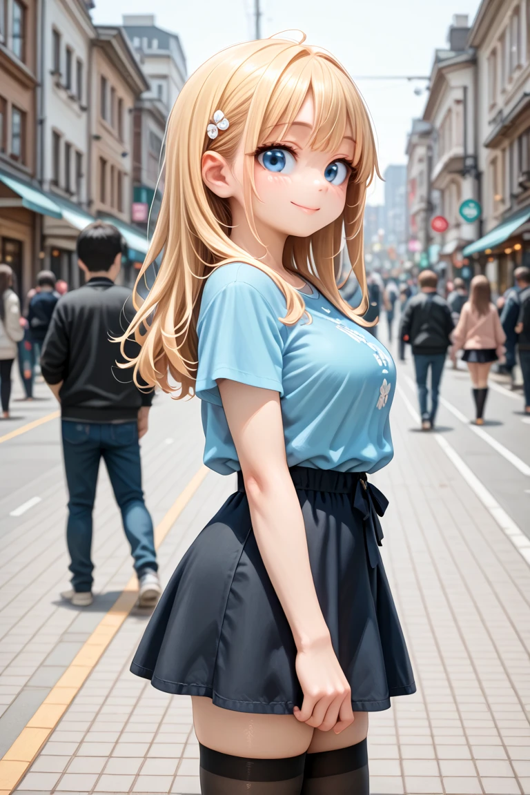 <lora:hotarueye_xl_hosome1_v30:0>, masterpiece, best quality, amazing quality, very aesthetic, absurdres,
cute round face, slender, detailed eyes, detailed hair, kawaii,
1girl, solo, solo focus, (mature:0.5),
from side,
a candid street photo, best shadow, an extremely delicate and beautiful, gleaming skin, cowboy shot,
street, cityscape, blurry background, scenery, photo background, blurry background,
standing, model pose, smile, medium breasts,
street fasion, casual fashion, harajuku fashion, wearing skirt, zettai ryouiki,
blonde hair, blue eyes