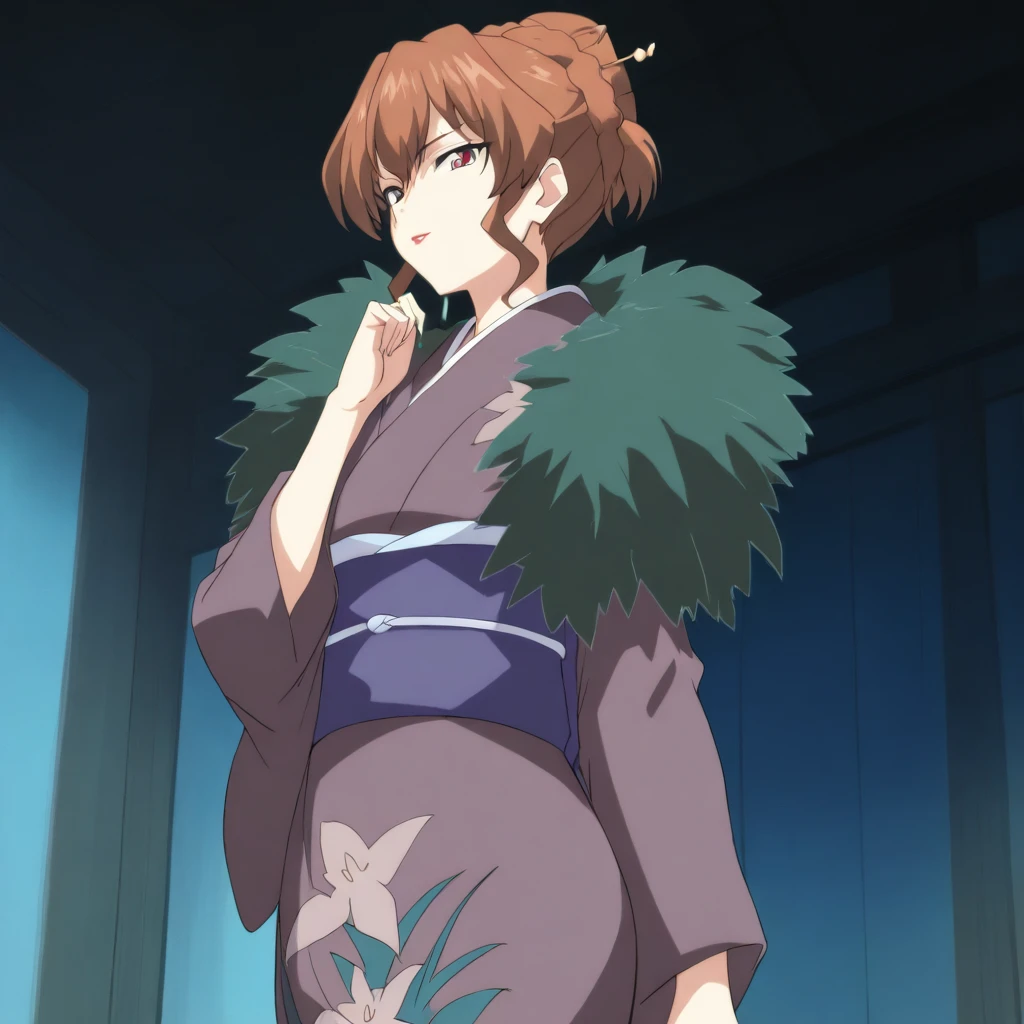 masterpiece,high score,great score,absurdres,anime coloring,looking at viewer,solo,cowboy shot,<lora:RanIchihashi ag4o:1> ranichihashi, brown hair, hair bun, red eyes, lipstick,kimono,