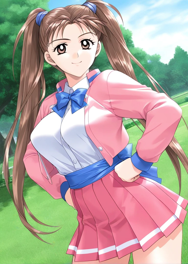 masterpiece, best quality, good quality, <lora:Kanou_Ryouko_kakyuusei_Ver2.0_IS:1>
Kanou_Ryouko(kakyuusei), 1girl, solo, very long hair, twintails, brown hair, brown eyes, large breasts,
pink jacket, pleated skirt, blue bowtie, open jacket, blue sash, pink skirt, blue line,
standing girl, smile, hands on own hip, day, grass, sky, tree,
