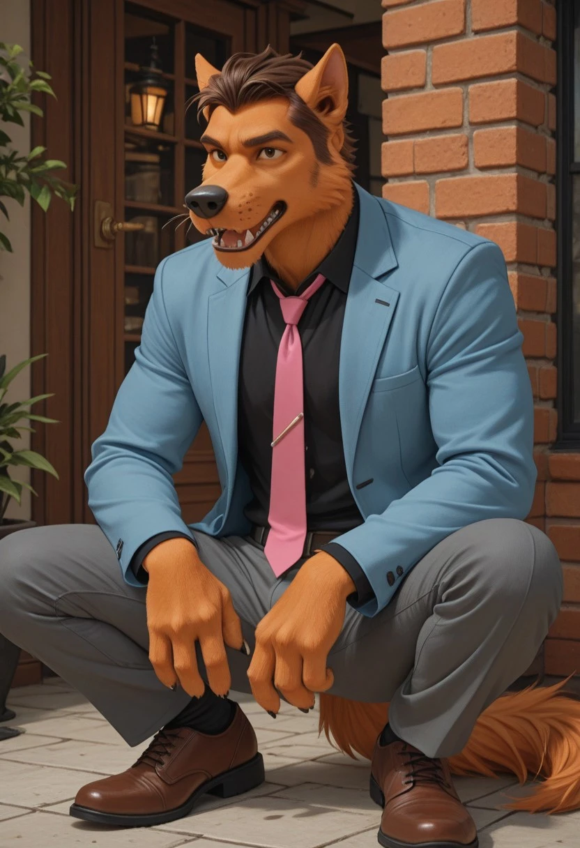 3d,masterpiece,best quality,highres,absurdres,newest,year 2024,aesthetic,very aesthetic, ultra-high resolution,32K UHD, 1boi, solo, Cartoon Wolf, Long Snout, Orange fur, animal ears, brown hair, slicked back hair, whiskers, shaggy fur, tail, paws, black nose, black eyes, sharp teeth, blue jacket, black shirt, gray pants, pink tie, brown shoes, slicked back hair, wolf, sideburns,
