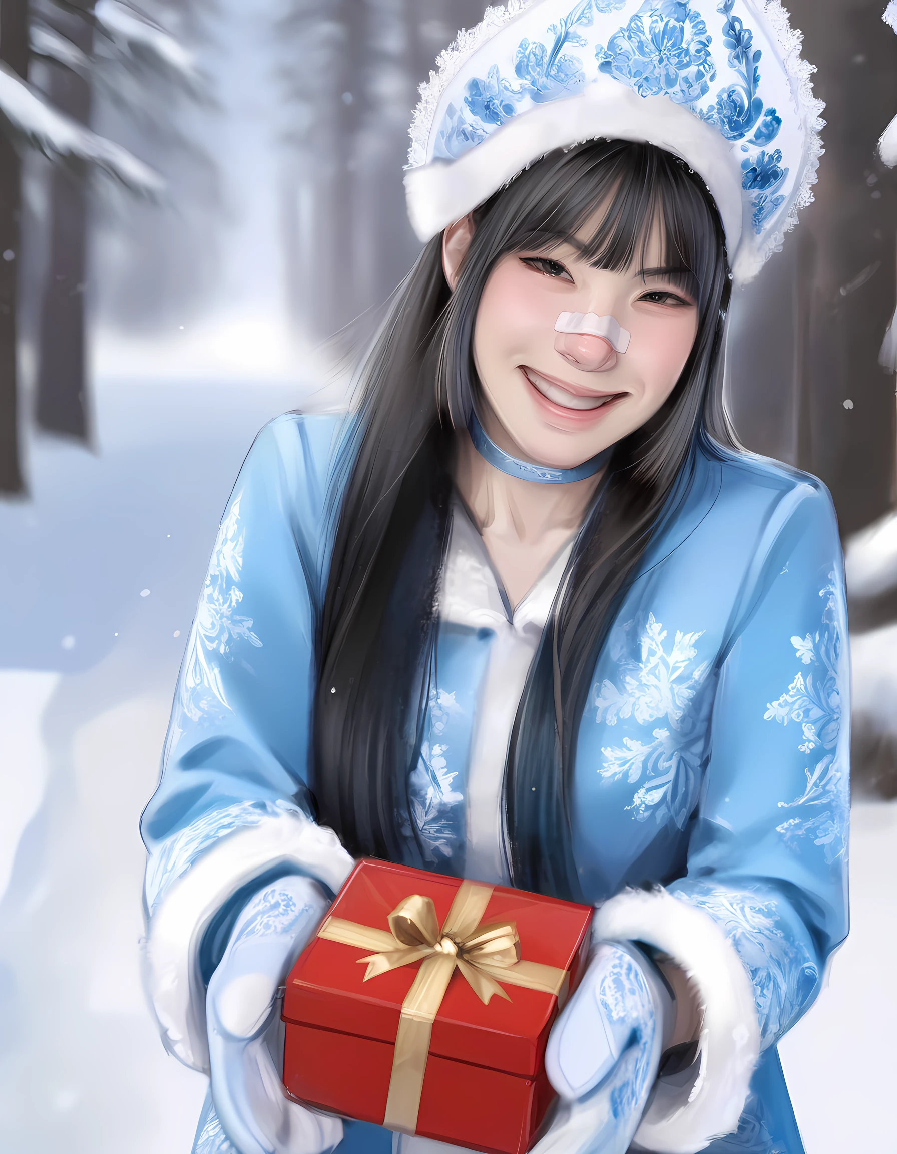 <lora:Utility_-_Detail_Enhancer_by_BSS_v2:0.75>, <lora:Utility_-_Visual_Enhancer_by_BSS:0.75>, 1girl, <lora:Character_-_Snegurochka_ILXL_ep10_by_ME:0.7>, snegurochka, kokoshnik_headdress, blue coat, white fur trim, spruce, snowfall, rich embroidery on clothes, mittens, holding giftbox, presenting giftbox, reaching towards viewer, smirk, looking at viewer , (masterpiece, best quality, ultra-detailed, absurdres, newest, detailed textures, correct anatomy:1), <lora:Like_Draws.Seal_Style:1>, tr1g3r_w0rd, (oil painting, paintly, realistic, sketch, unfinished, brushstrokes:1.3), <lora:na-na_kim_IL:0.7>, 1girl, na-na_kim, athletic girl, black hair, long hair, hime cut, black eyes, bandaid on nose, small breasts, choker, <lora:Utility_-_Race_and_Ethnicity_Helper_ILXL_v3.3:0.5>, asian_korean