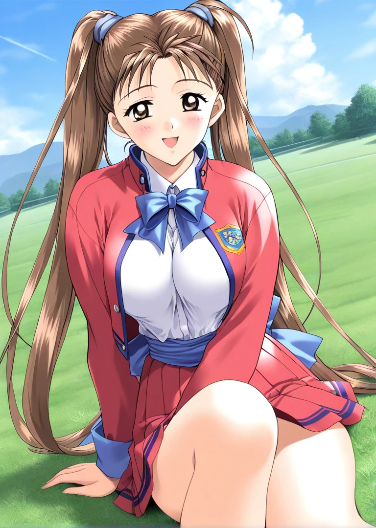 masterpiece, best quality, good quality, <lora:Kanou_Ryouko_kakyuusei_Ver2.0_IS:1>
Kanou_Ryouko(kakyuusei), 1girl, solo, very long hair, twintails, brown hair, brown eyes, large breasts,
red jacket, school uniform, red pleated skirt, blue bow,
open jacket, blue sash,
grass, sky, sitting,
open mouth, blush, smile,