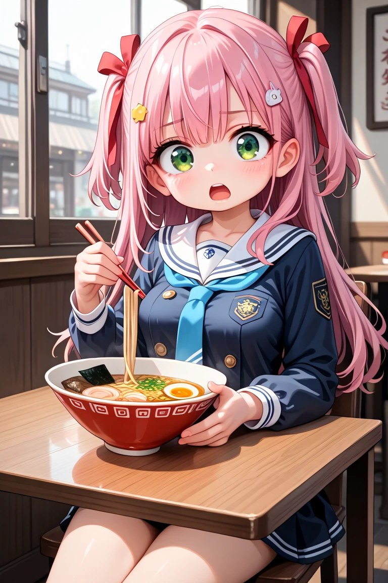 masterpiece, best quality, amazing quality, very aesthetic, absurdres,
cute round face, slender, ultra detailed eyes, ultra detailed hair, ultra beautiful,
1girl, solo,
cowboy shot, from front, upset, open  mouth, looking at viewer,
red ribbon on hair, pink hair, green eyes, two side up, medium breasts,
sitting, holding chopsticks, on restaurant, table, ramen on table, white sailor, blue tie on school uniform