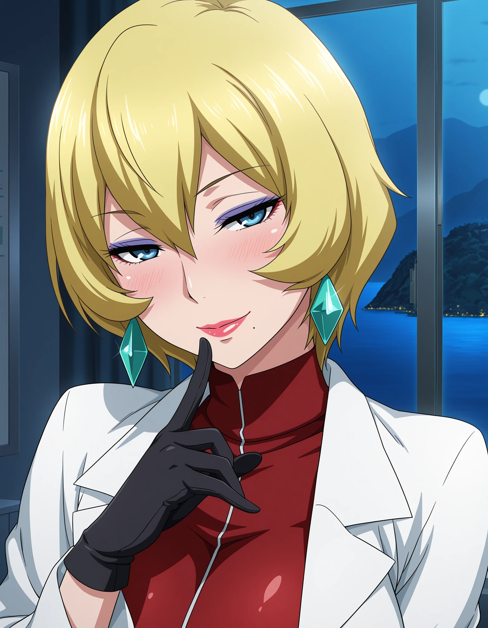 masterpiece, good quality, best quality, absurdres, highres, very awa, shiny skin, shadow, anime coloring, 5 fingers,
Ichijou Shizuka, portrait, finger to mouth,
1girl, mature female,
looking at viewer, blush, light smile, naughty face, head tilt,
blonde hair, short hair, blue eyes, makeup, lipstick, lips, mole under mouth, earrings,
lab coat, open coat, red dress, black gloves, turtleneck,
indoors, lab, room, window, night, island, nature,
<lora:ichijou shizuka NoobAIXL Epsilon IL_1:1>