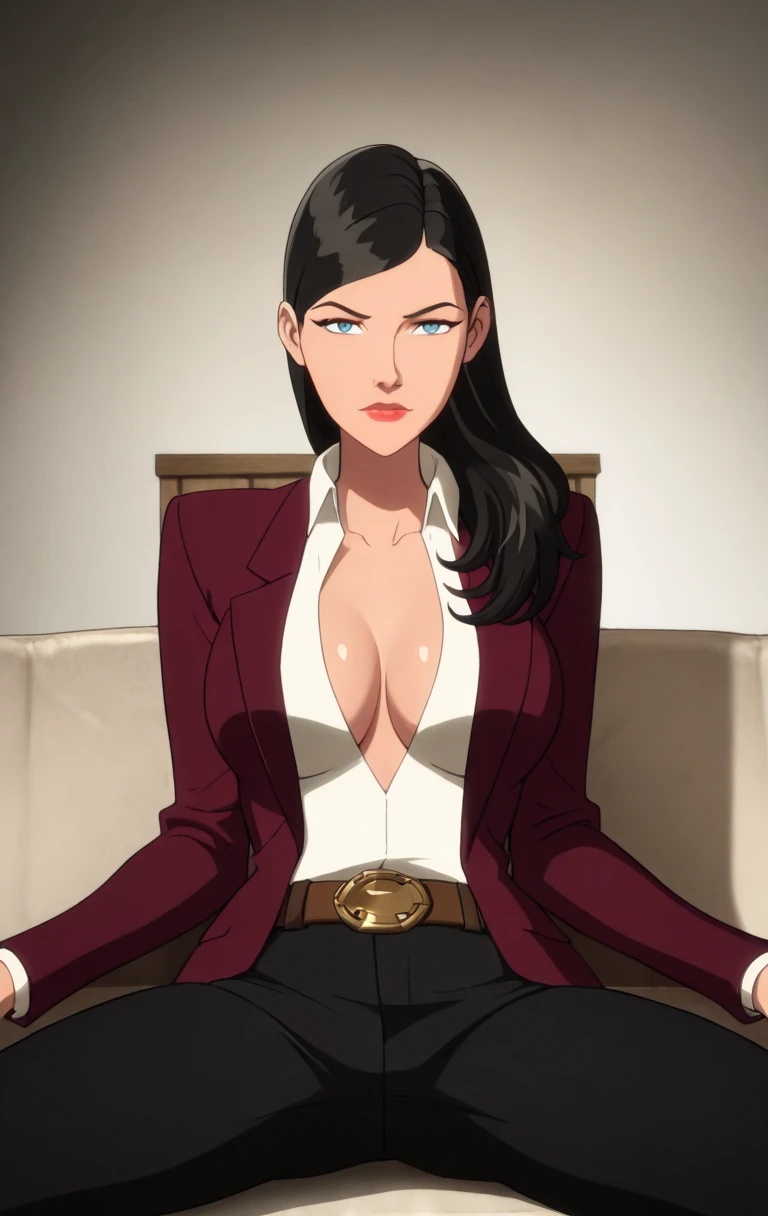 "0" :"masterpiece, best quality, highres,1girl, long hair, looking at viewer, blue eyes, shirt, black hair, long sleeves, open clothes, belt, open shirt, red lips, belt buckle,suit, black pants,l01sl4n3,(( shinny skin, large breast, cowboy shot,sitting,legs spread,front view))",