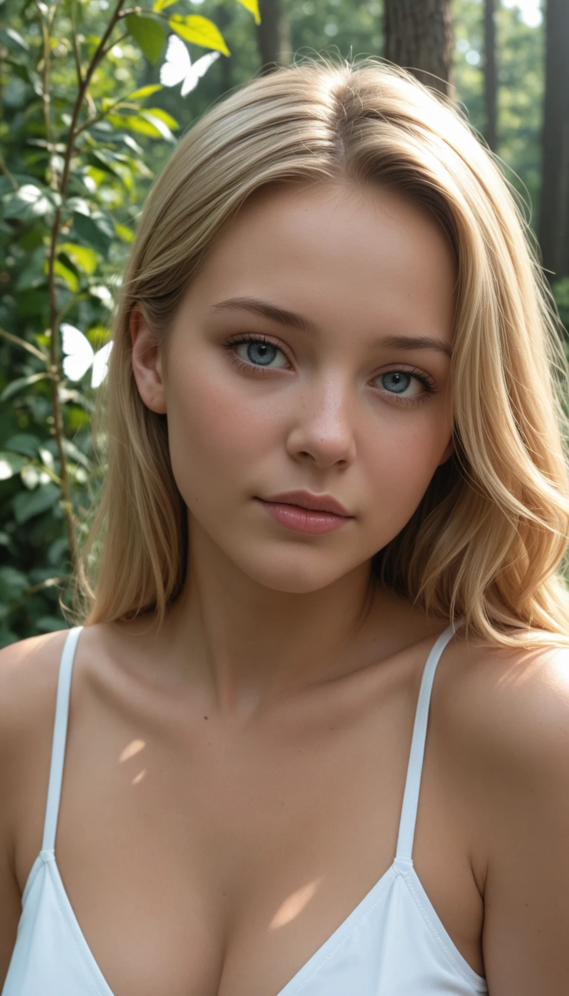 masterpiece, best quality, amazing quality, 4k, very aesthetic, high resolution, ultra-detailed, absurdres, scenery, realistic, photo, amateur, portrait, 1girl, solo, long blonde hair, blue eyes, (dappled sunlight:1.2), medium breasts, white dress, flowers, garden, muted color, forest, white butterfly, looking at viewer, leaning side against tree, vines, green, upper body, close-up, dutch angle, raw lights, BREAK, bokeh, face focus, depth of field, photorealistic details