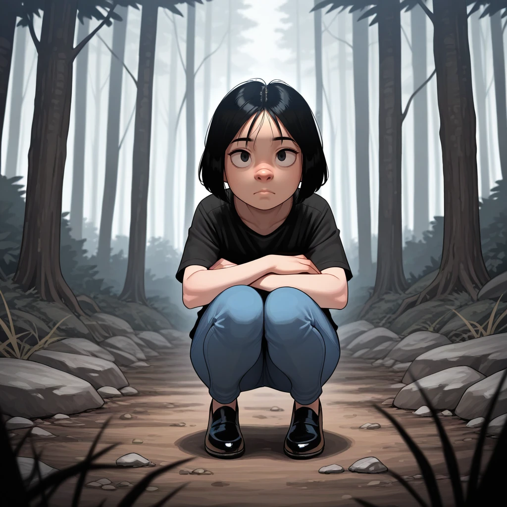 masterpiece, best quality, snubnose, upturned nose, 1girl, solo, black hair, short hair, black eyes, black shirt, blue pants, black footwear <lora:SnubNose_illustrious_Leaf3:1>, looking at viewer, forest,