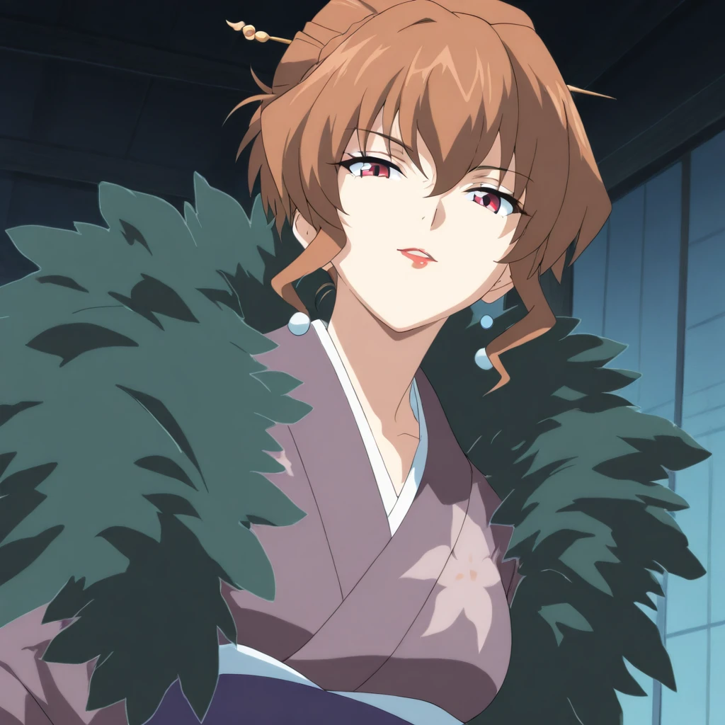 masterpiece,high score,great score,absurdres,anime coloring,looking at viewer,solo,<lora:RanIchihashi ag4o:1> ranichihashi, brown hair, hair bun, red eyes, lipstick,kimono,