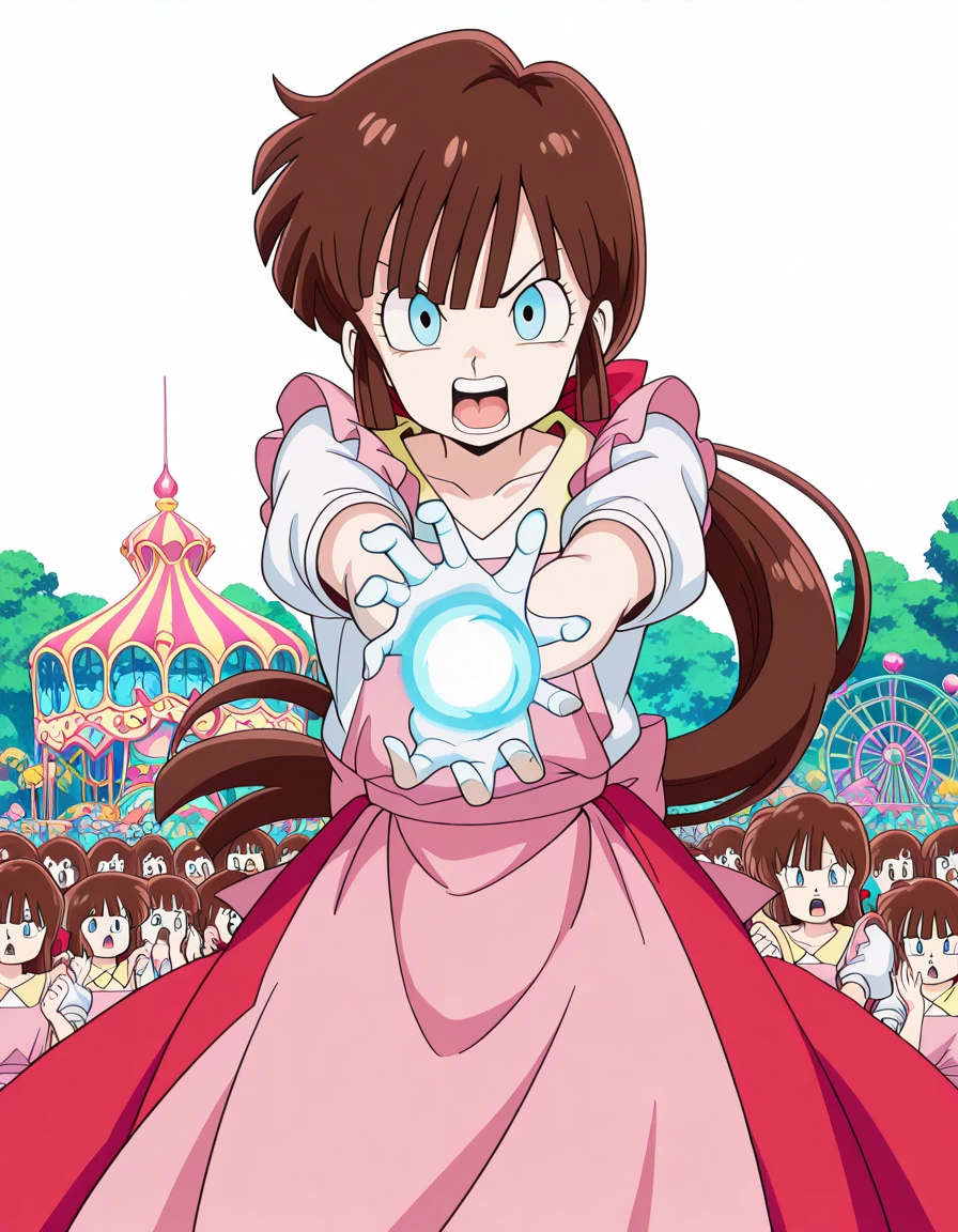 masterpiece, best quality, amazing quality,, <lora:nagisa-shiowatari-s2-illustriousxl-lora-nochekaiser:1>, nagisa shiowatari, long hair, bangs, brown hair, bow, ponytail, hair bow, blue eyes, otoko no ko, anime screencap, short sleeves, apron, puffy sleeves, skirt, red skirt, shirt, white shirt, collarbone,, <lora:kamehameha-illustriousxl-lora-nochekaiser:1>, kamehameha, kamehameha (dragon ball), open mouth, incoming attack, torn clothes, shouting, energy, energy beam, energy ball, electricity,, amusement park, rides, crowds, fun, colorful, cowboy shot, solo, looking at viewer, <lora:transparent-background-illustriousxl-lora-nochekaiser:1>, transparent background, simple background, white background