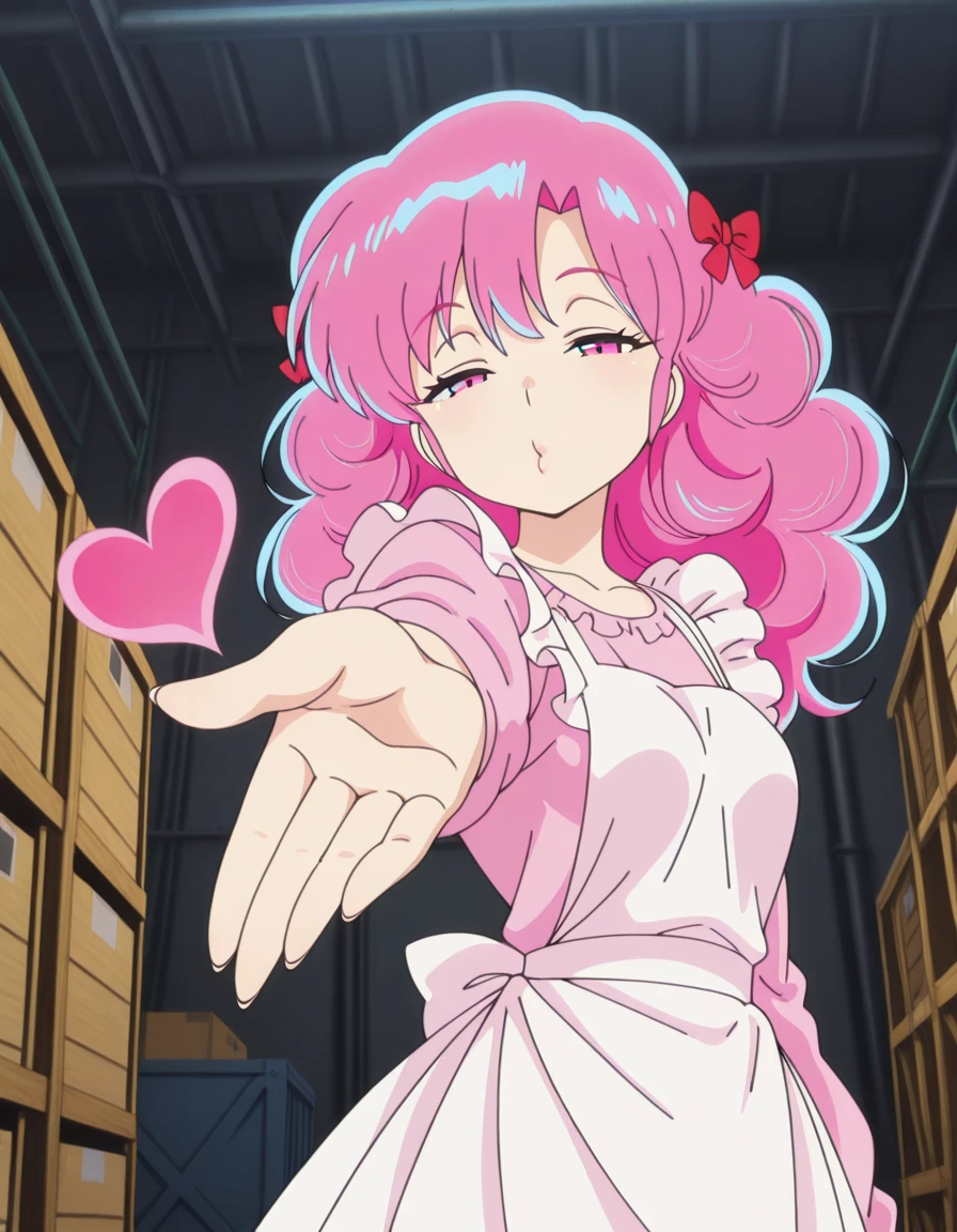 masterpiece, best quality, amazing quality,, <lora:urusei-yatsura-ran-s1-illustriousxl-lora-nochekaiser:1>, ran, long hair, bangs, pink hair, bow, hair bow, red bow, pink eyes, mature female, small breasts, anime screencap, long sleeves, apron, white apron, shirt, pink shirt, frills, long sleeves,, <lora:suzuka-dairenjis-blowing-kiss-illustriousxl-lora-nochekaiser:1>, suzuka dairenji's blowing kiss, solo, heart, outstretched hand, blowing kiss, foreshortening, half-closed eyes, looking at viewer,, warehouse, storage, shelves, boxes, large, cowboy shot, solo, looking at viewer,
