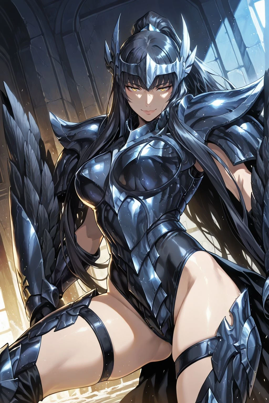 mature female, cowboy shot, from below,
partita, 1milf, solo, (black hair:1.2), boots, long hair, (black armor:1.2), boots, armored boots, leotard, shoulder armor, breasts, very long hair, pauldrons, ponytail, gloves, huge gauntlets, thigh strap, , Headwear, feather showgirl skirt, (fighting stance:1.3), seductive smile, gold eyes,
, Best quality,masterpiece,soft light,official art,masterpiece,high quality,highres,absurdres,best quality,epic scene,natural textures,16k, masterpiece, absurdes, highly detailed, highres, high quality, best quality, score_9, score_8_up, score_7_up, source_anime, masterpiece, perfect face, perfect eyes,(extremely detailed face),Smooth Quality, <lora:partitaxl-15:1>