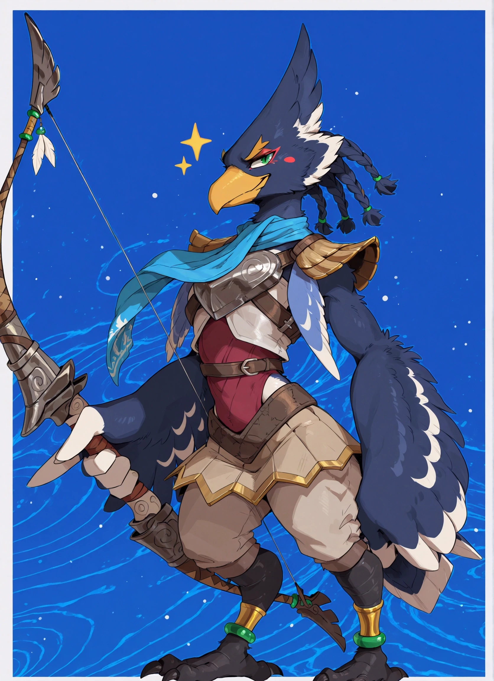 digital artwork, masterpiece, high detailed, best quality, high res, very aesthetic, absurdres, artistic, amazing quality, vibrant colors, high resolution, ultra-detailed, absurdres, newest
1boy, <lora:Revali:1.0> R3v4l1, anthro avian, furry, anthro male, 1boy, green eyes, red eyeliner, blue feathers, yellow beak, black talons, Beige thighs, red top, blue scarf, long scarf, pauldrons, breastplate, tan skirt, anklet, lithe, twink, holding, holding weapon, bow \(weapon\), holding bow, sparkle, smirk
(white border:1.2), abstract background, navyblue background, swirl background