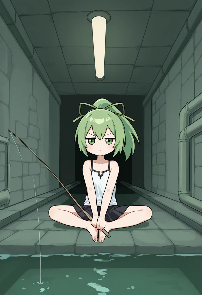 und3rgr0unds3w3r, underground, sewer, grimy water, ceiling lights, industrial pipe, 1girl, solo, wynnygo, duel monster, green hair, ponytail, green ribbon, hair ribbon, green eyes, white camisole, black skirt, sitting, butterfly sitting, holding fishing rod, jitome, annoyed, from side,