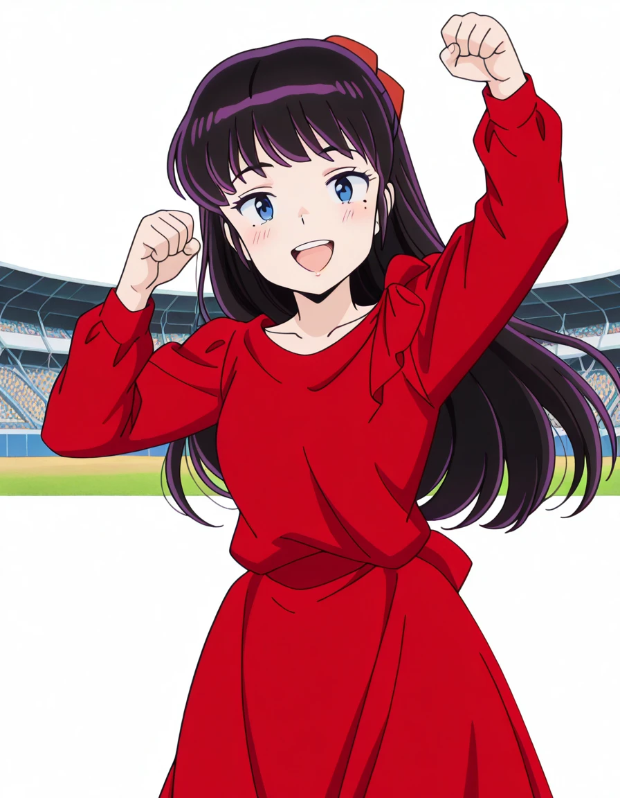 masterpiece, best quality, amazing quality,, <lora:ryouko-mendou-s1-illustriousxl-lora-nochekaiser:1>, ryouko mendou, long hair, blue eyes, purple hair, bow, hair bow, mole, mole under eye, mature female, small , anime screencap, dress, red dress, collarbone, long sleeves,, <lora:amane-himeno-photoshoot-illustriousxl-lora-nochekaiser:1>, amane himeno photoshoot, solo, looking at viewer, blush, smile, open mouth, teeth, arm up, hands up, clenched fist,, stadium, seats, field, game, large, cowboy shot, solo, looking at viewer, <lora:transparent-background-illustriousxl-lora-nochekaiser:1>, transparent background, simple background, white background